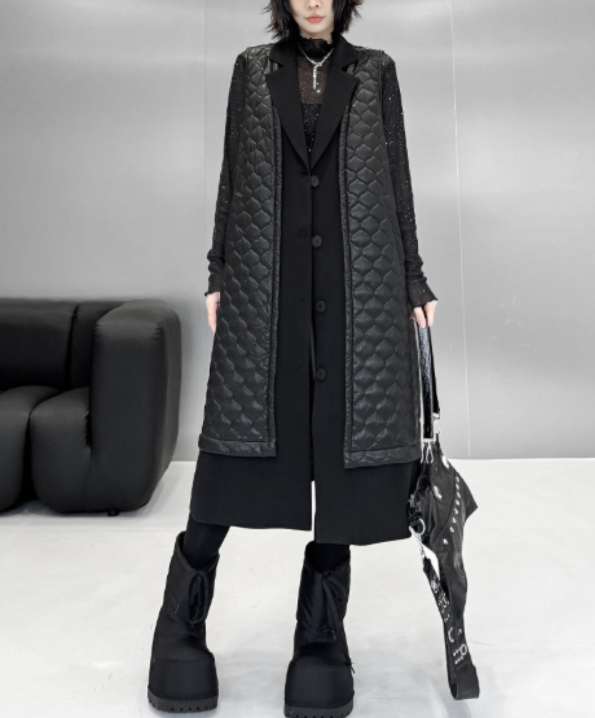 quilted-pattern lapel panel vest  EN3200