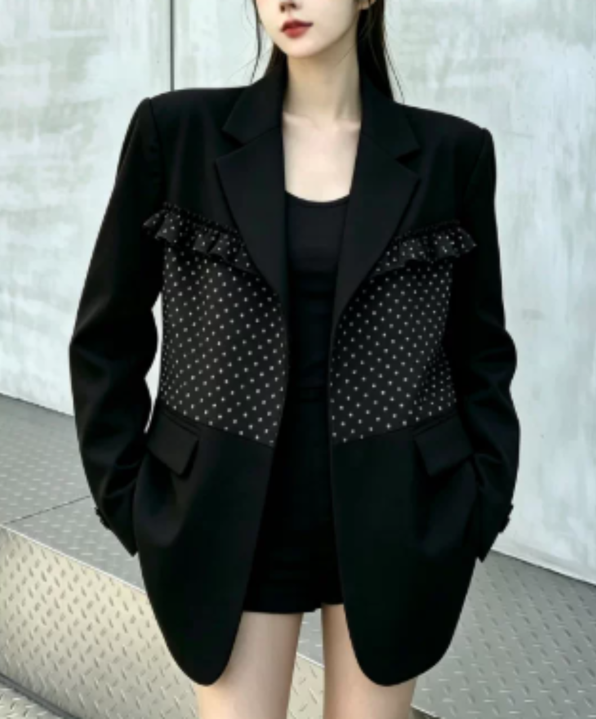 ruffle detail with a polka-dot bow tie jacket EN3167