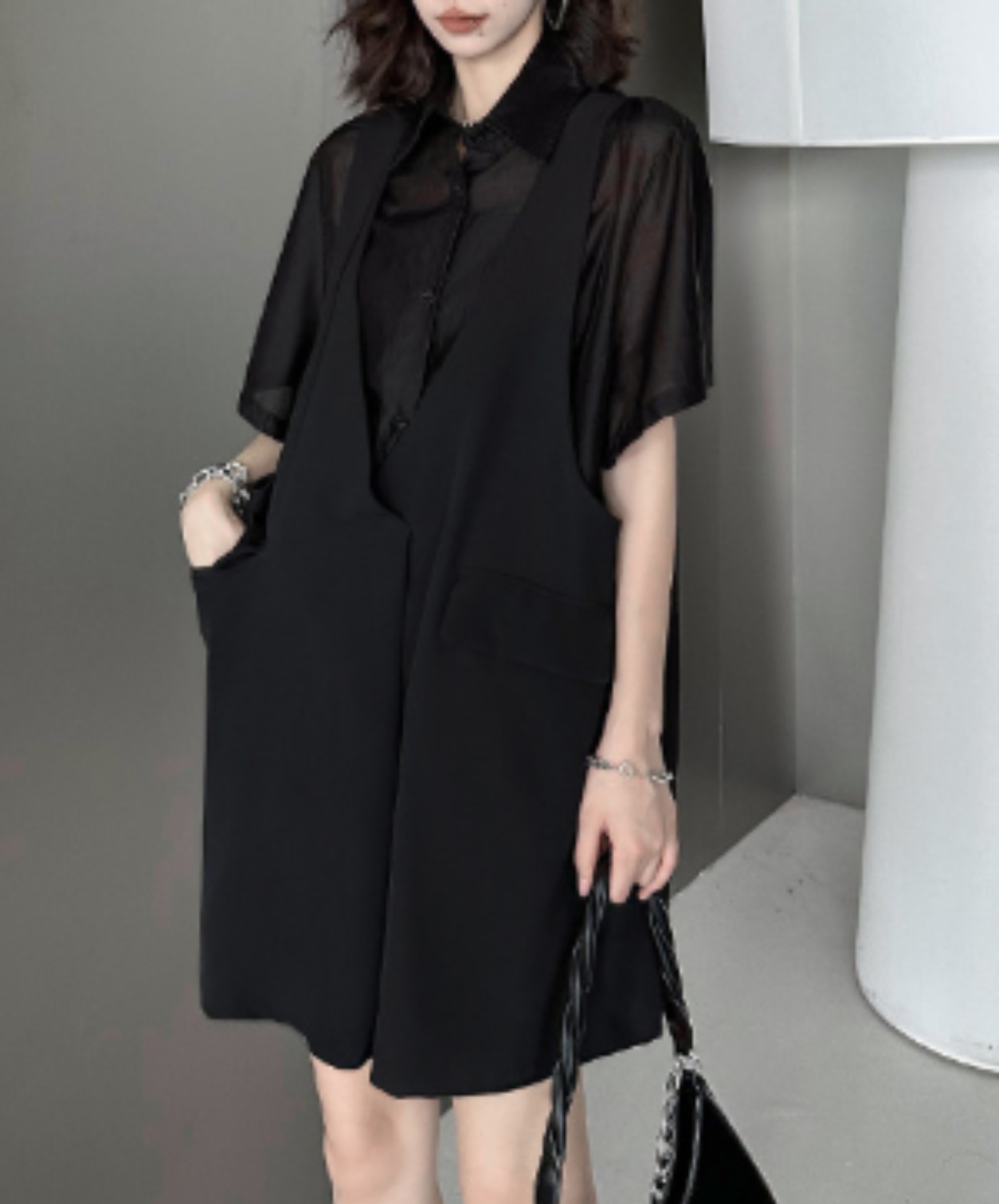 dark fake two-piece loose sheer shirt EN2977