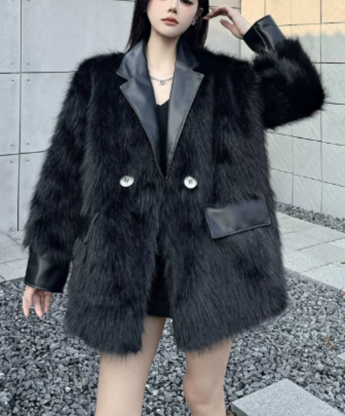 dark shaggy lapel mixed-material paneling jacket EN3188