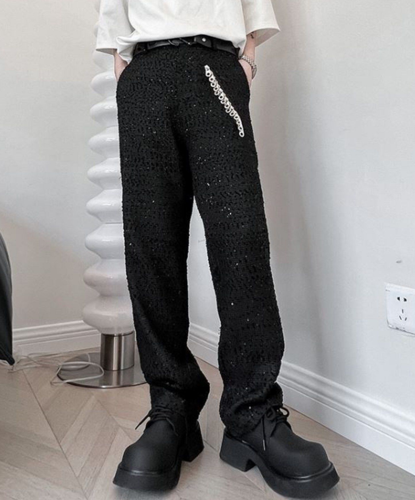 dark sequin zip pull embellished pants EN1194
