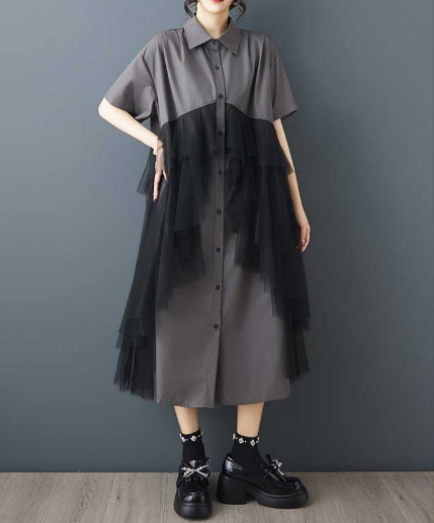 dark mesh patchwork long shirt EN3054