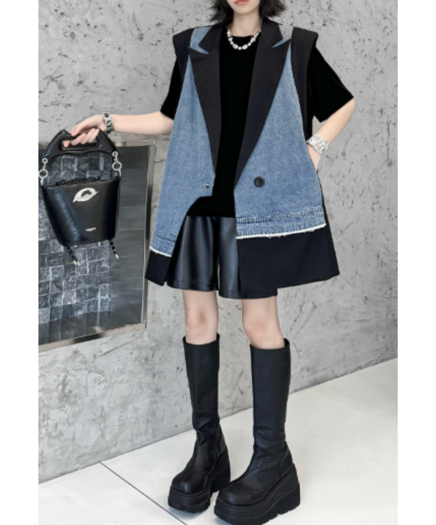 denim patchwork asymmetric vest EN2893