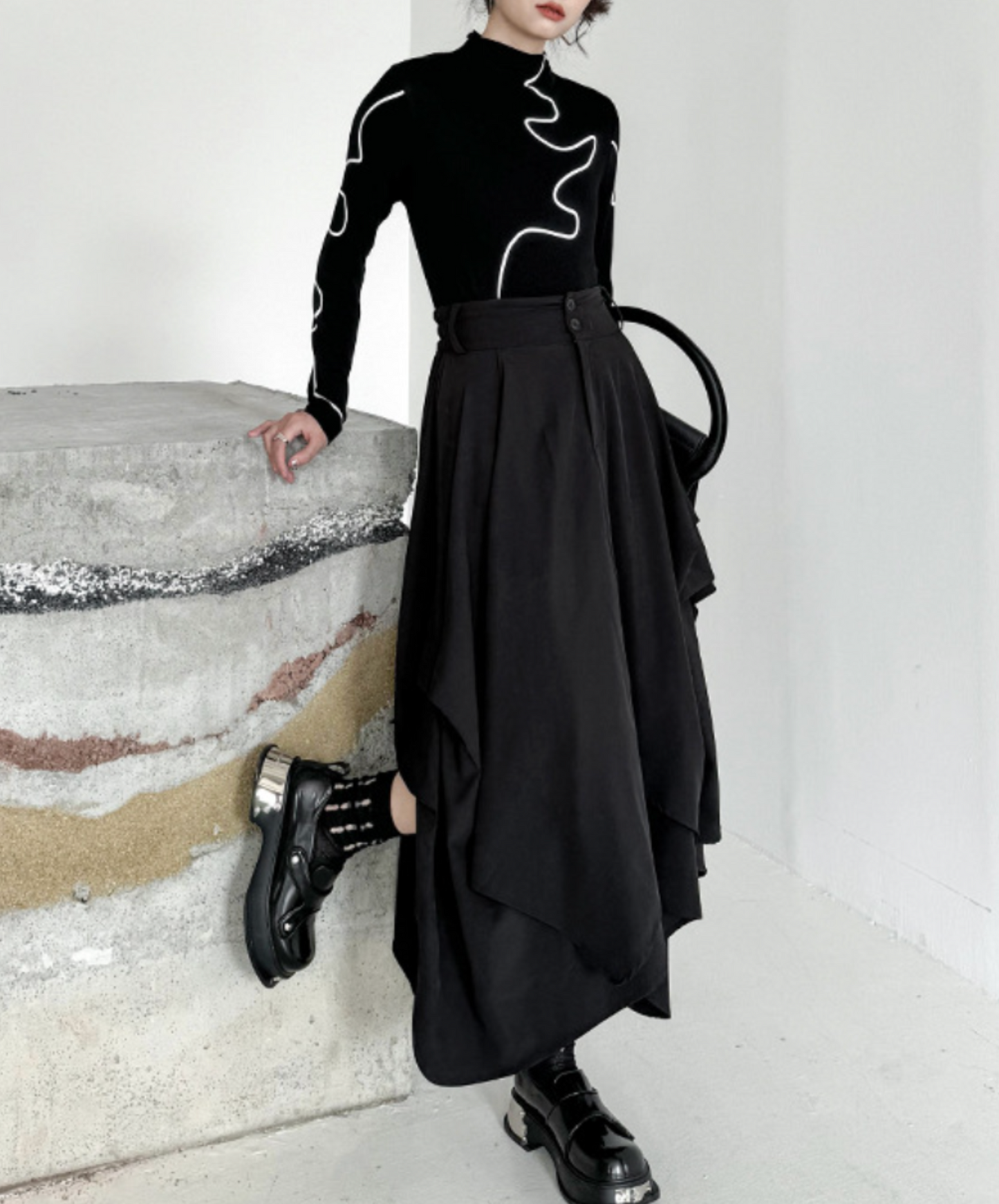 dark asymmetric drape buttons skirt EN2330