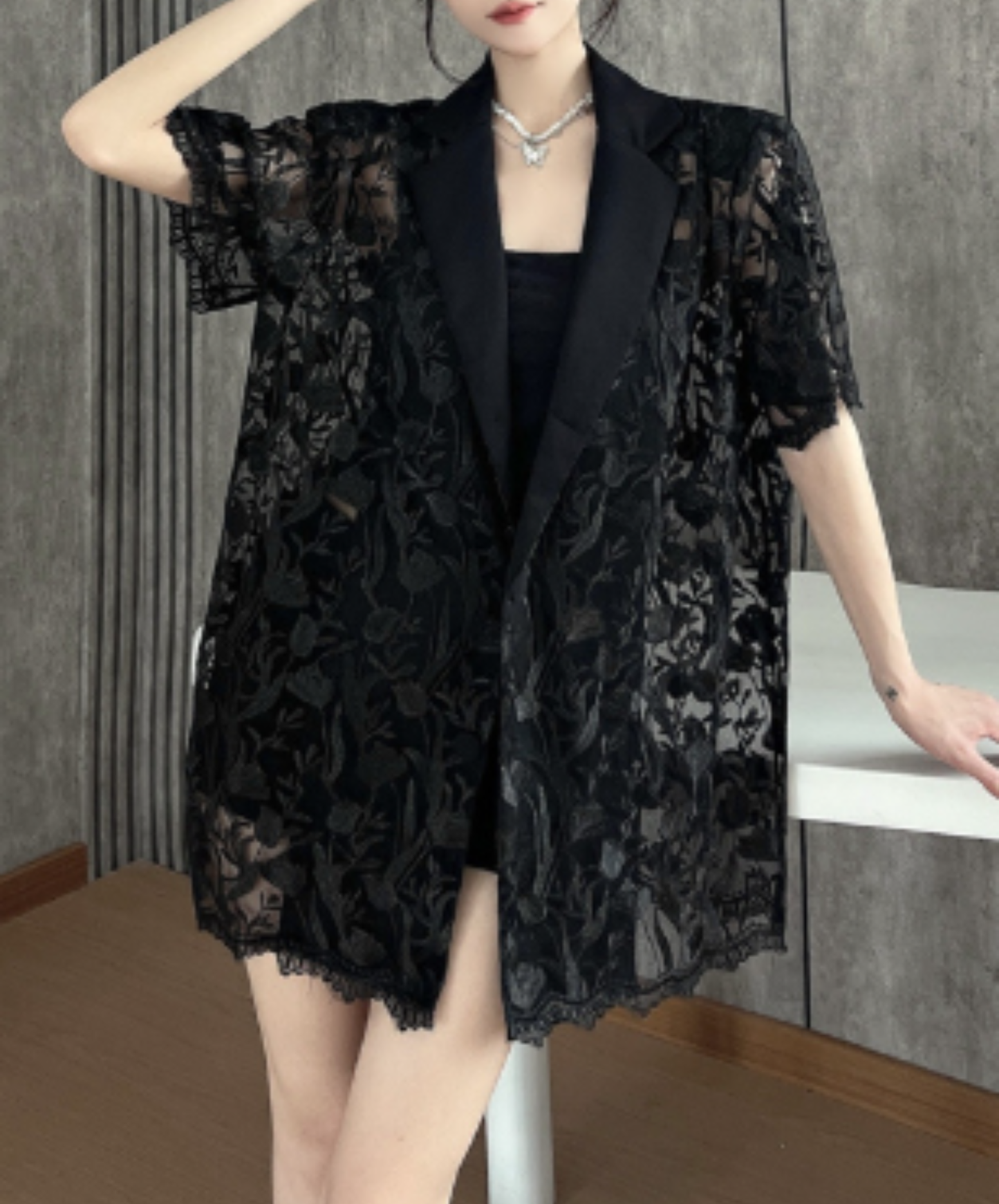 embroidered mesh patchwork jacket EN2966