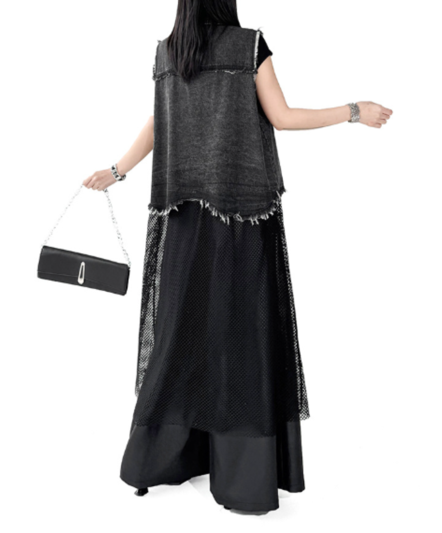 denim patchwork mesh long shirt EN3047
