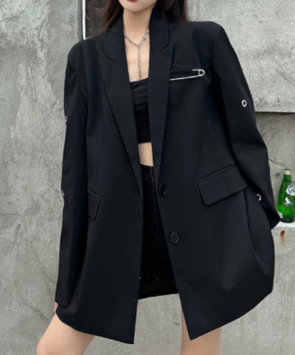 oversized safety pin and eyelet accents jacket EN3164