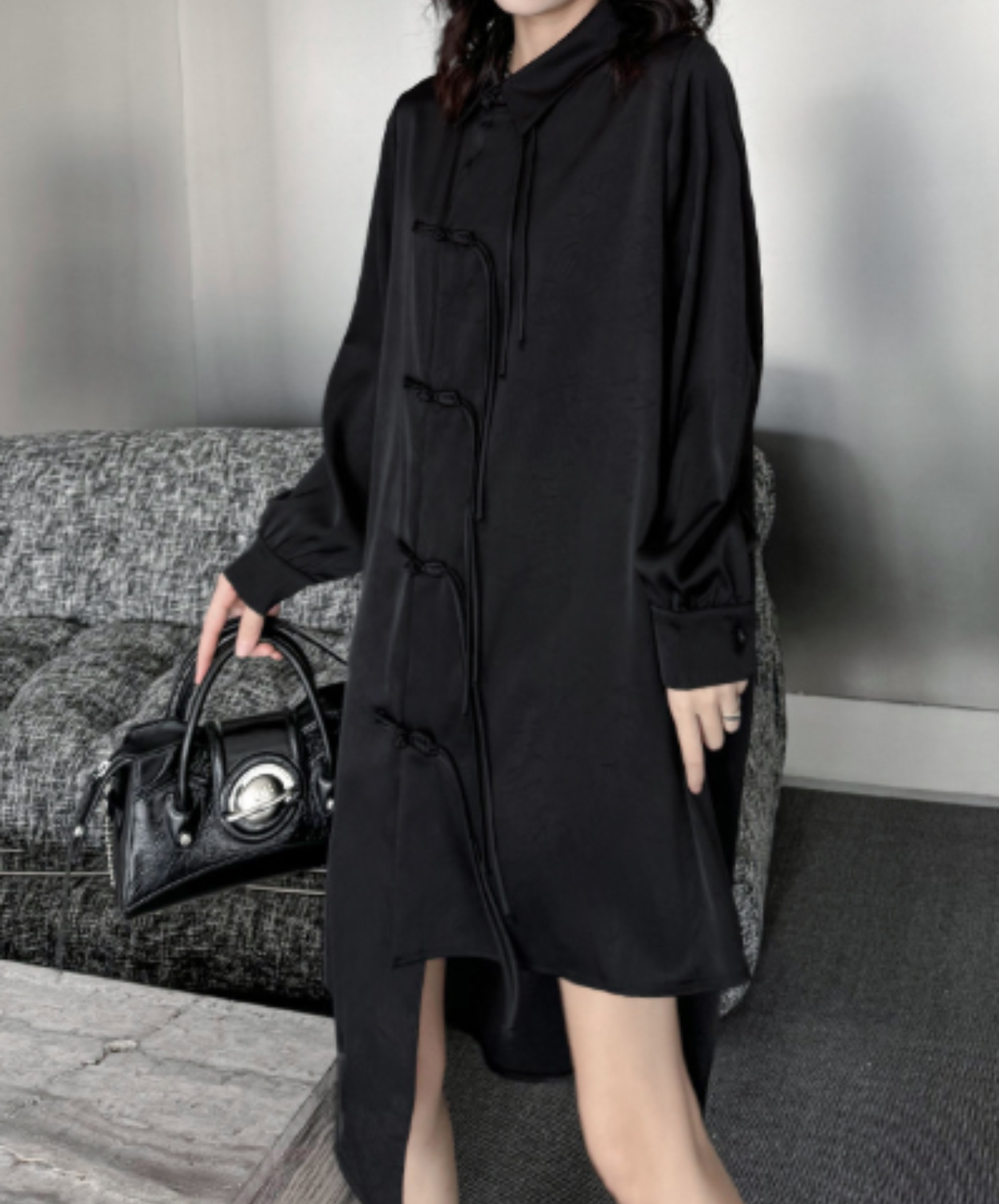 dark chinese-style irregular-cut button long shirt EN3109