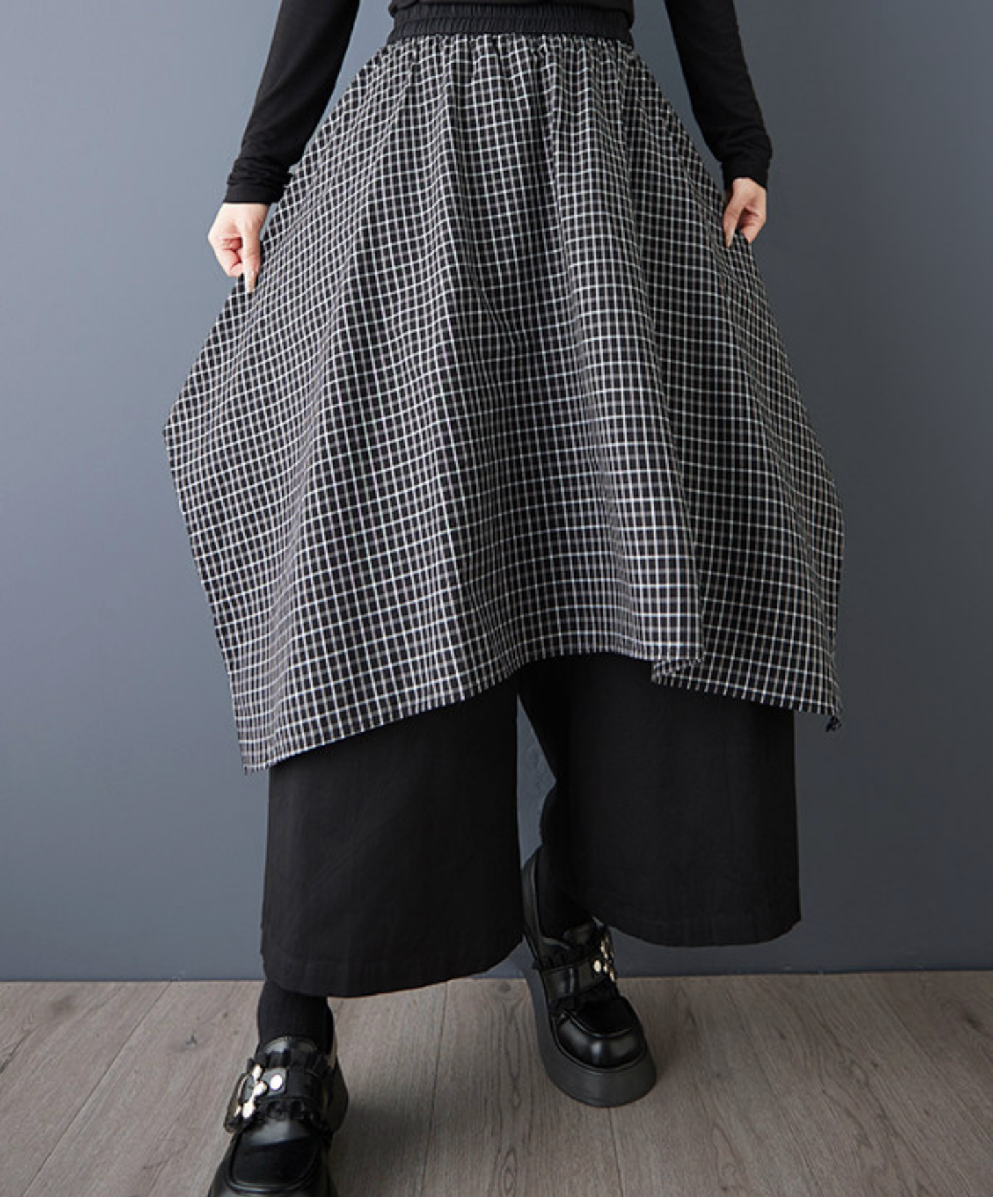 dark fake two-piece checkered flare wide pants EN2767