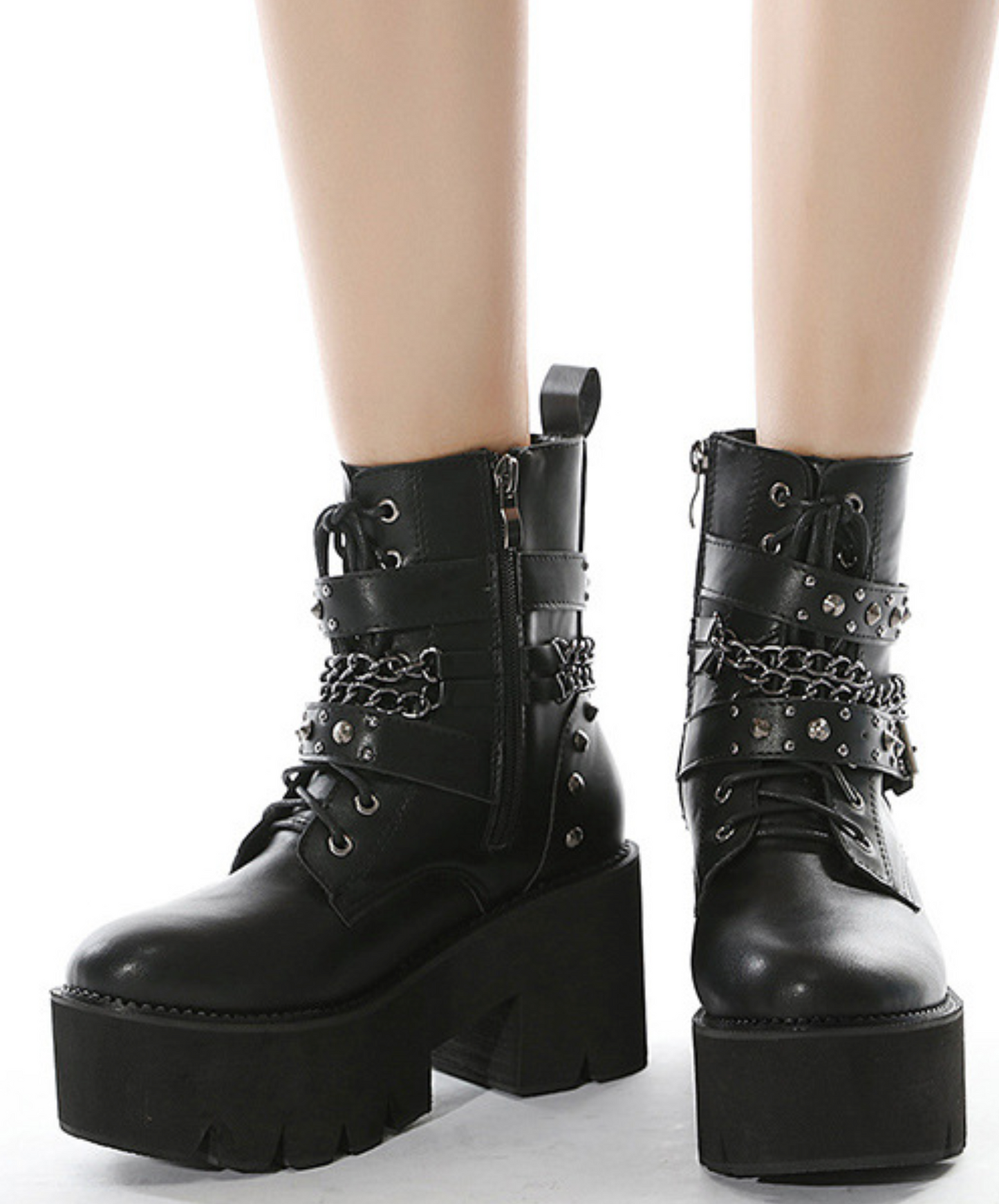 rivet belt x thin chain zip up boots EN2004