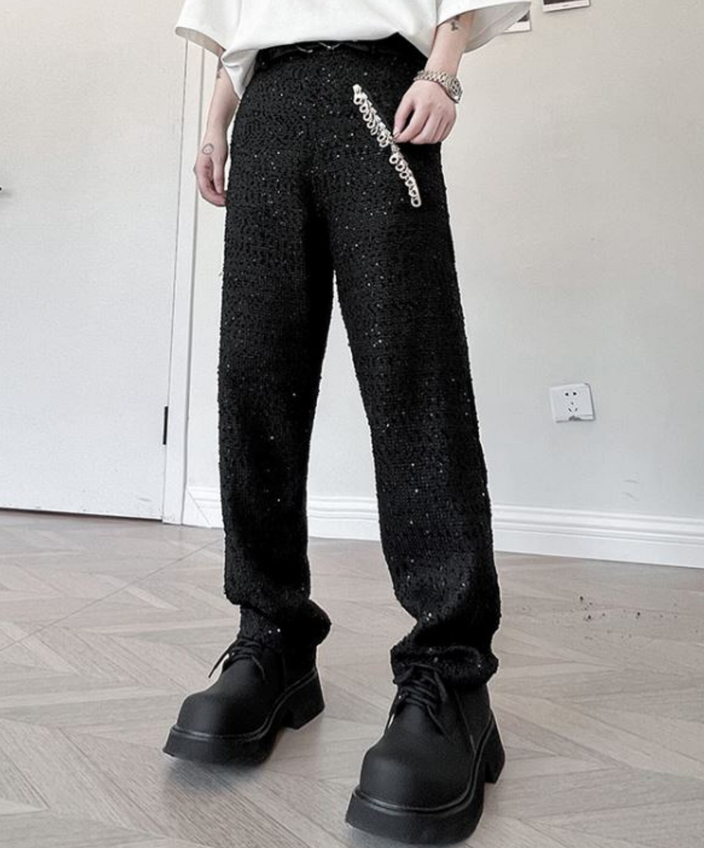 dark sequin zip pull embellished pants EN1194