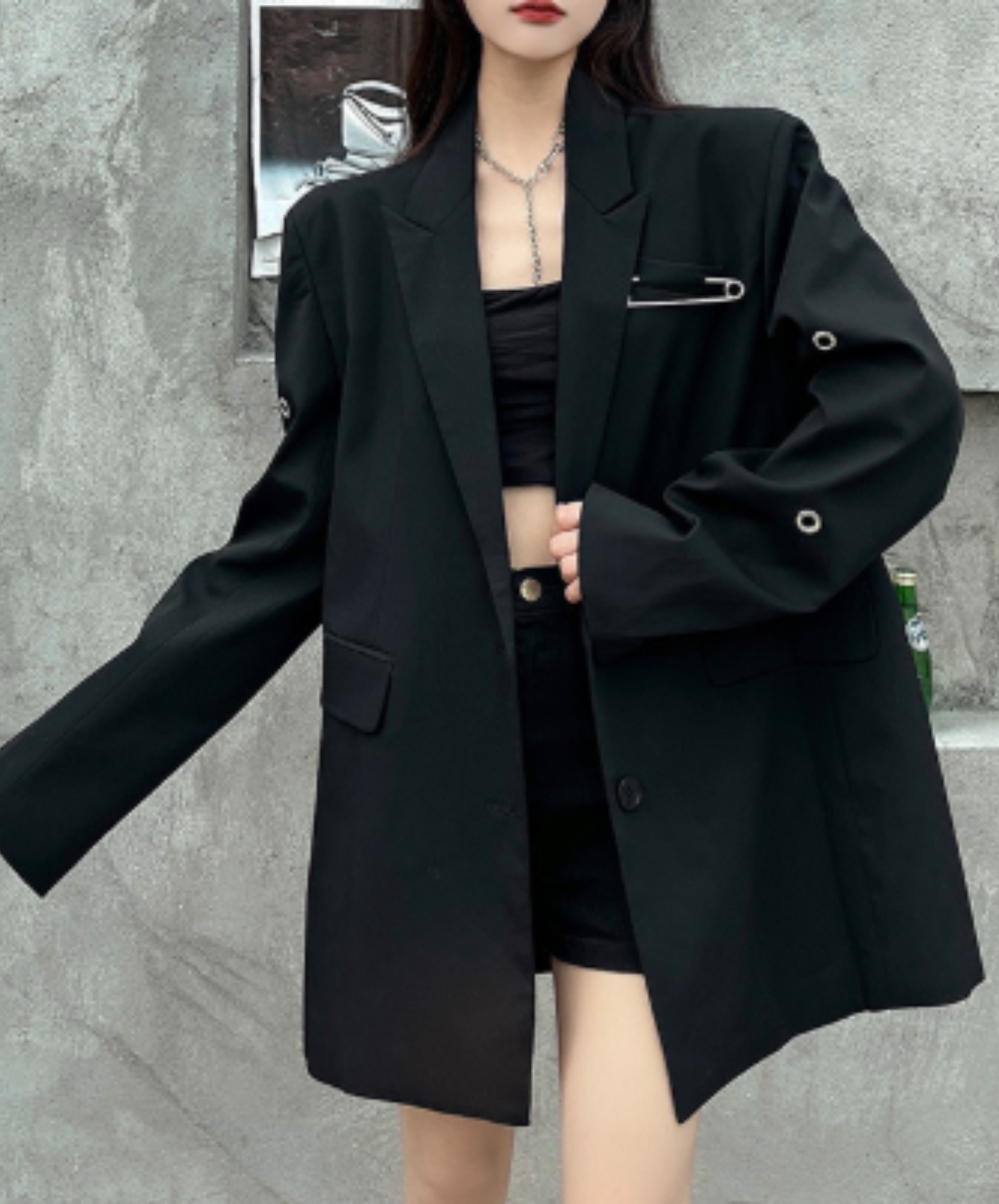 oversized safety pin and eyelet accents jacket EN3164
