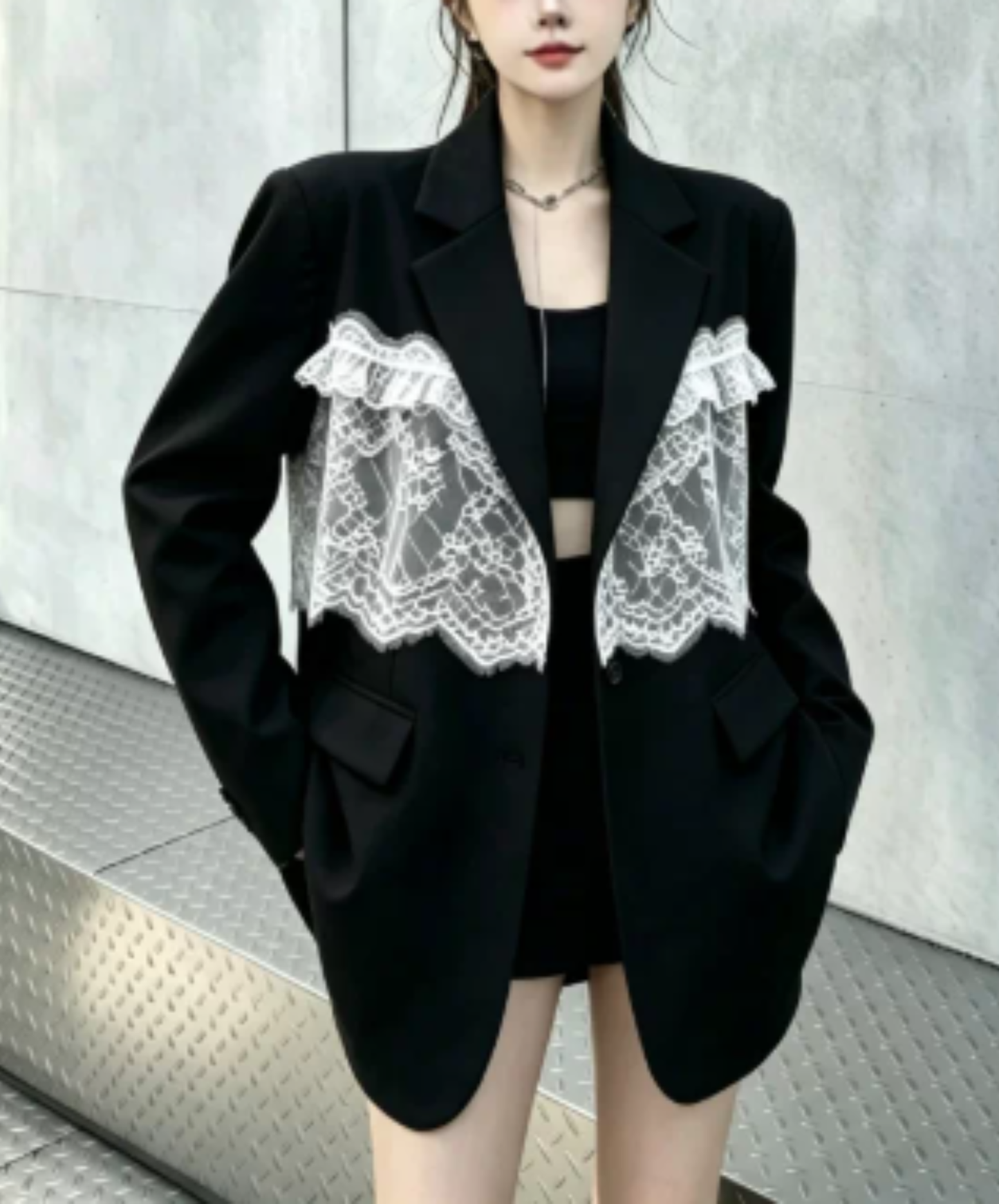 panelled design with a lace bow tie jacket EN3166