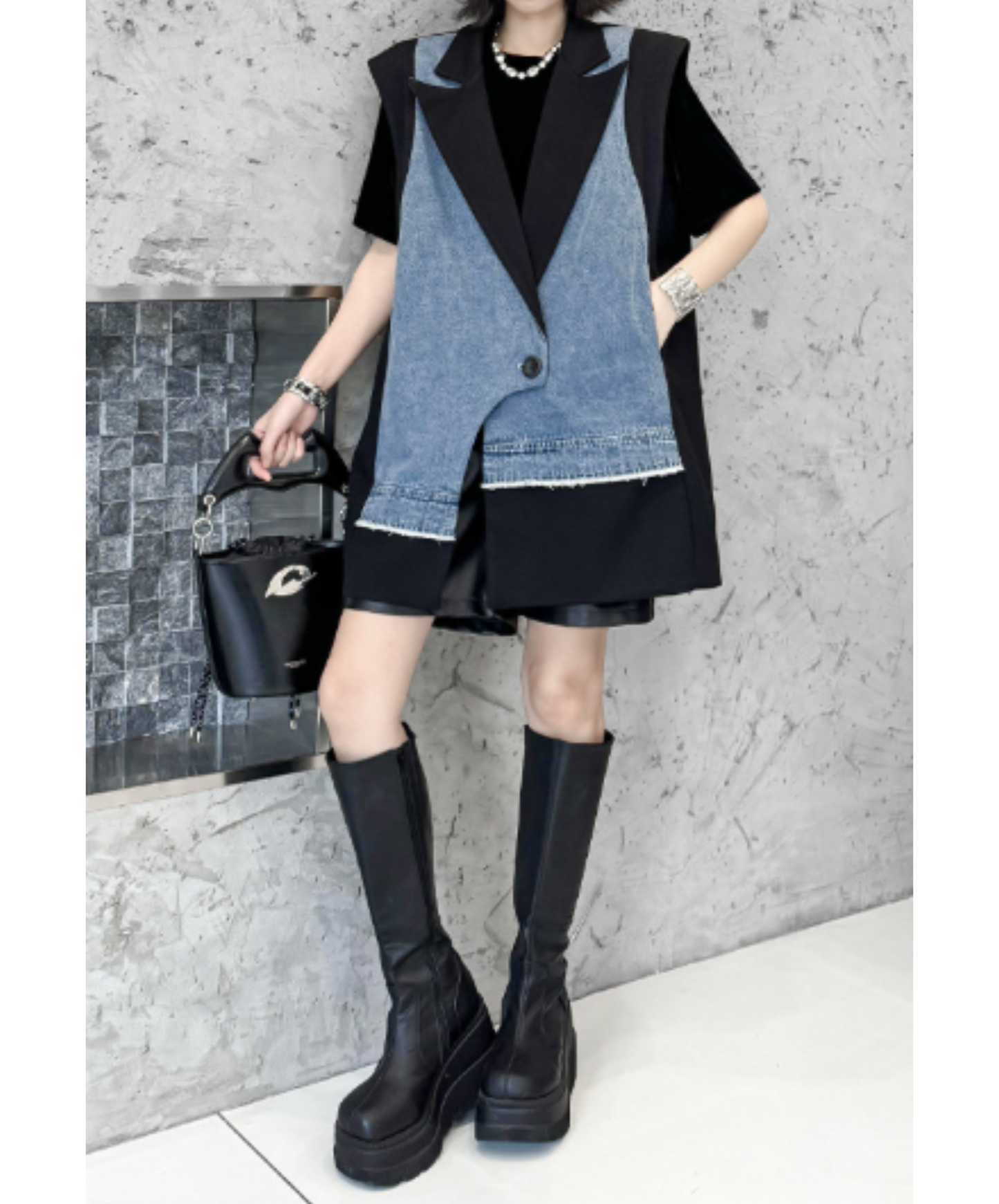 denim patchwork asymmetric vest EN2893