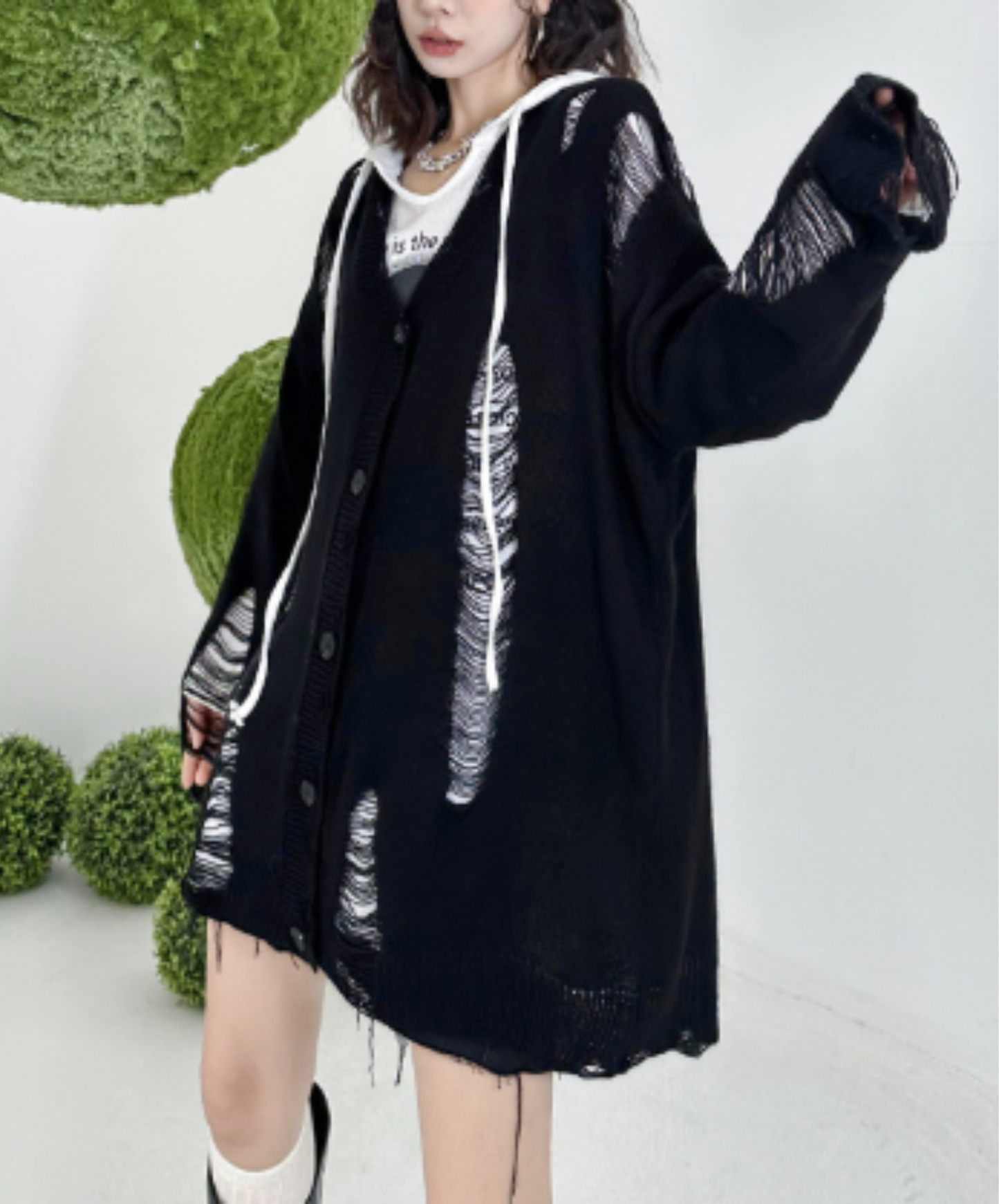dolman-sleeve top with heavy distressing cardigan EN3123