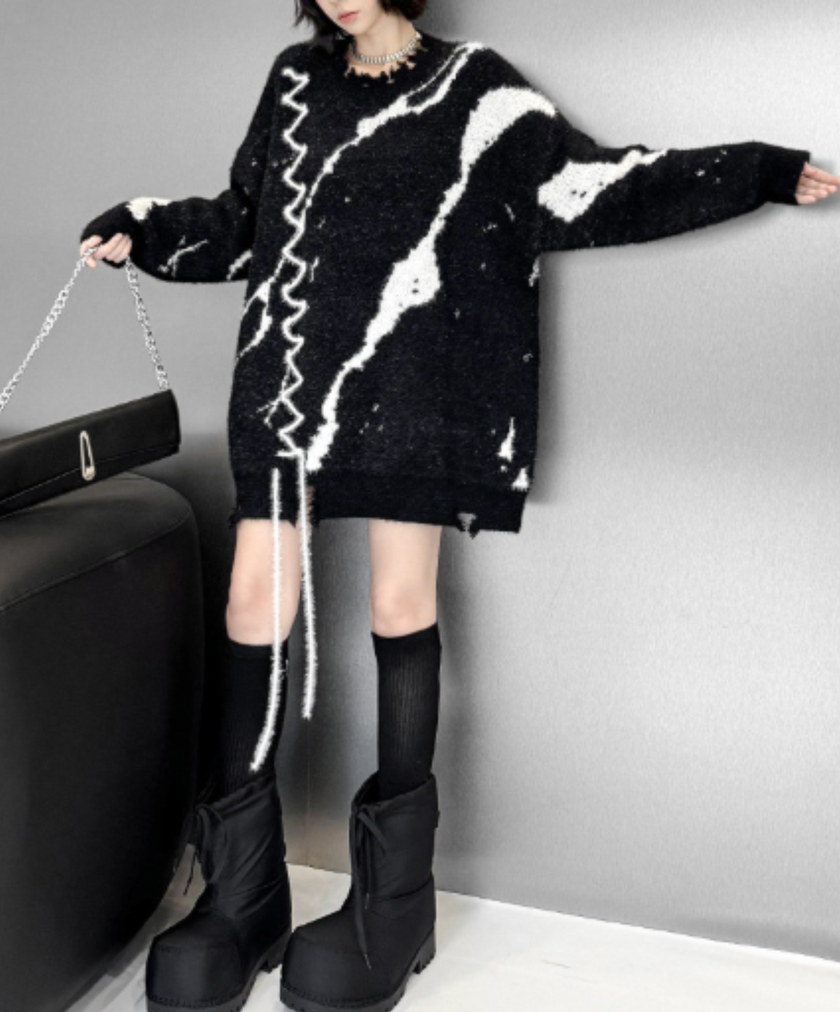art-style patterned lace-up design sweater EN3205