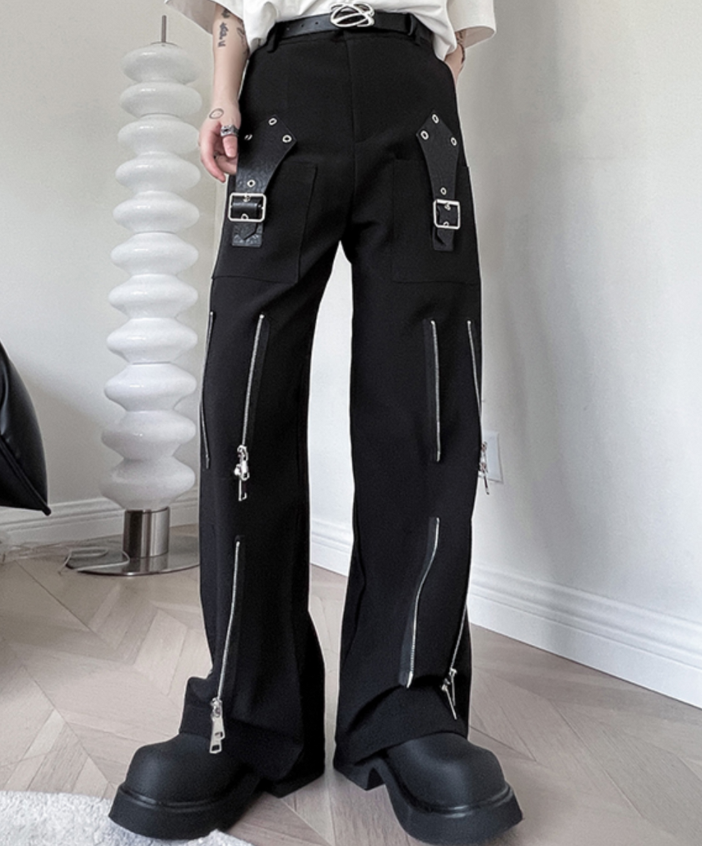 dark deformed zip-up leather buckle flare pants EN1817