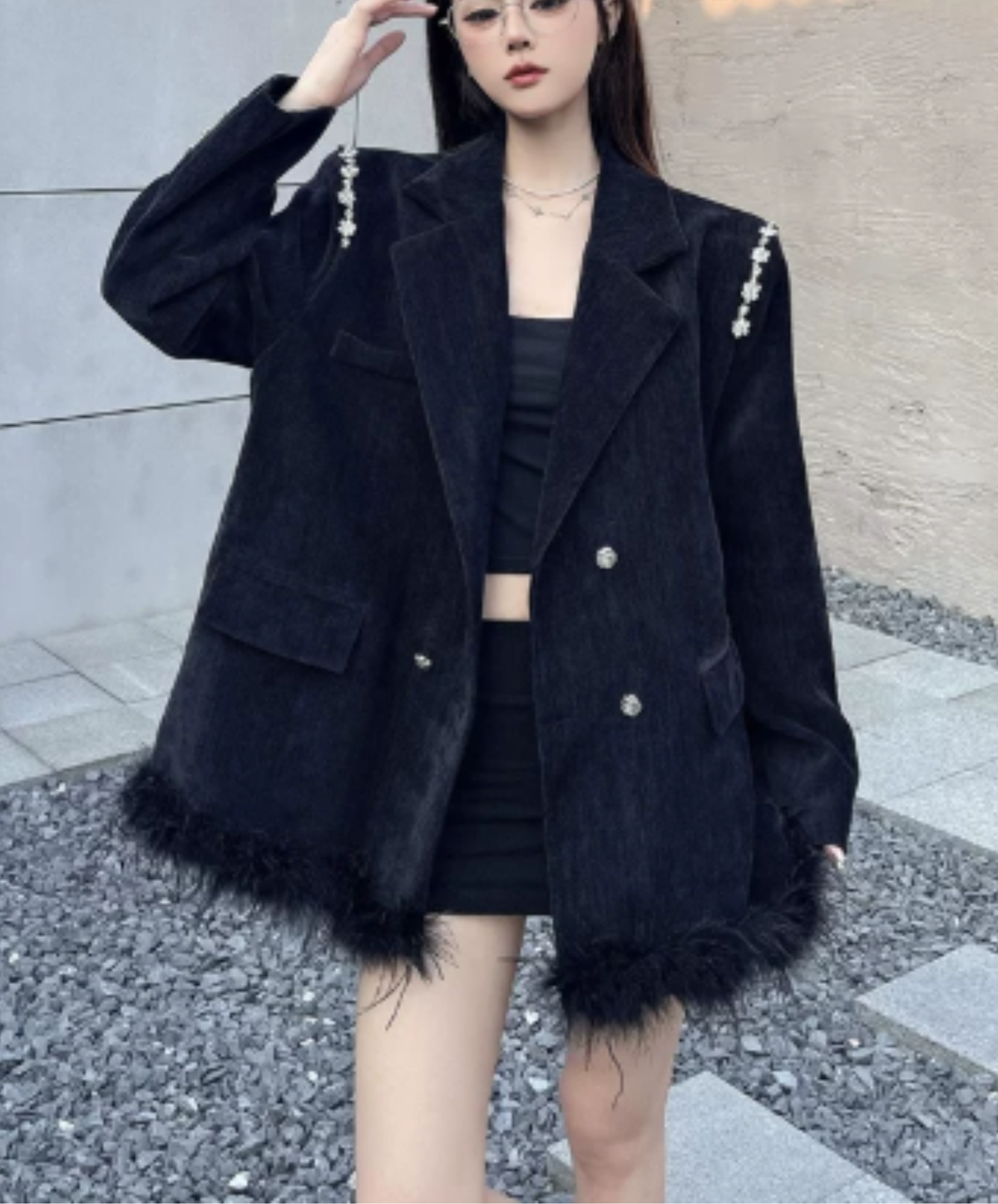 dark fur hem with floral lace embellishment jacket EN3191