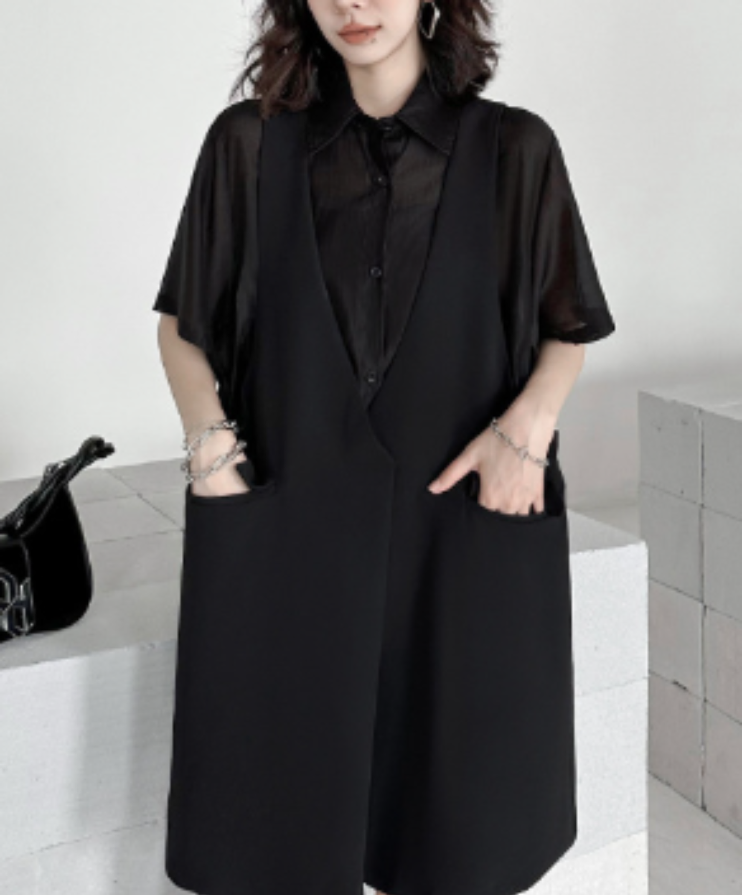 dark fake two-piece loose sheer shirt EN2977
