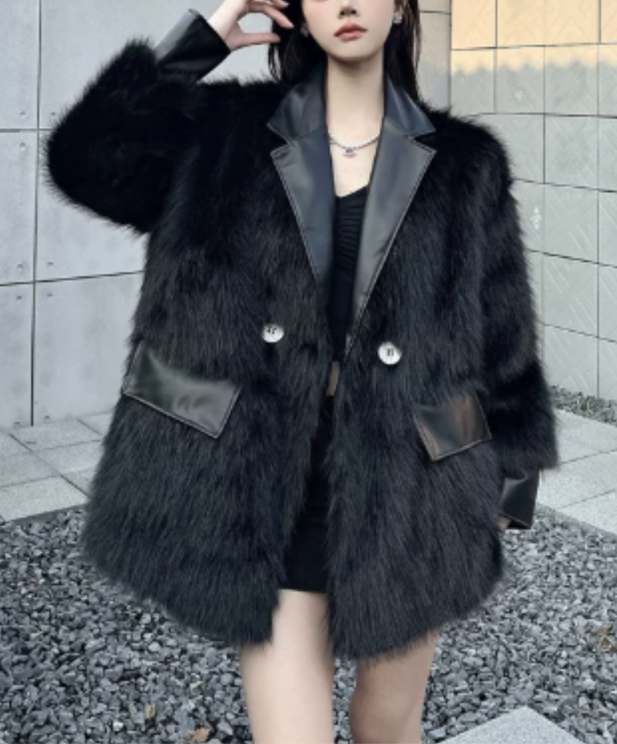 dark shaggy lapel mixed-material paneling jacket EN3188