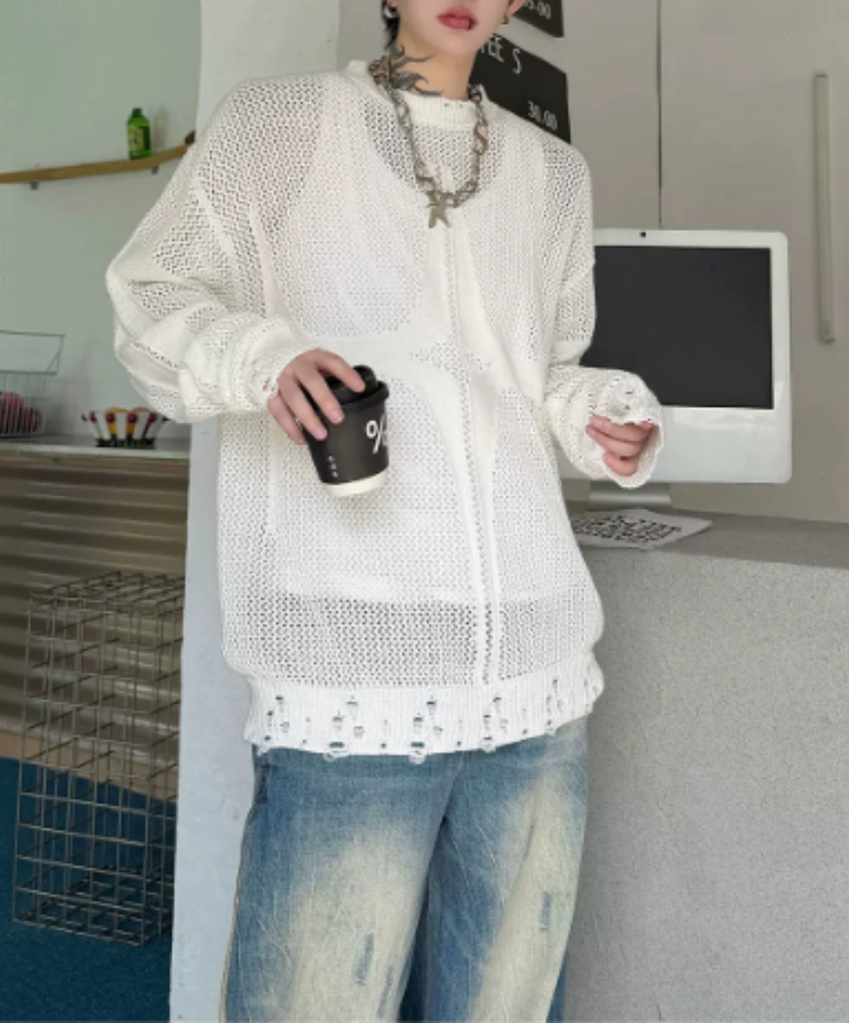 open-knit pattern with distressed finish sweater EN3206