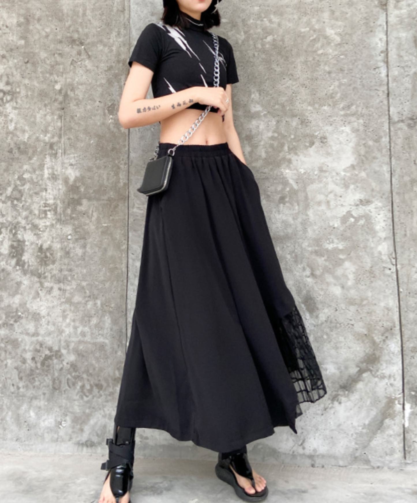 mixed material stitch mesh skirt EN2331