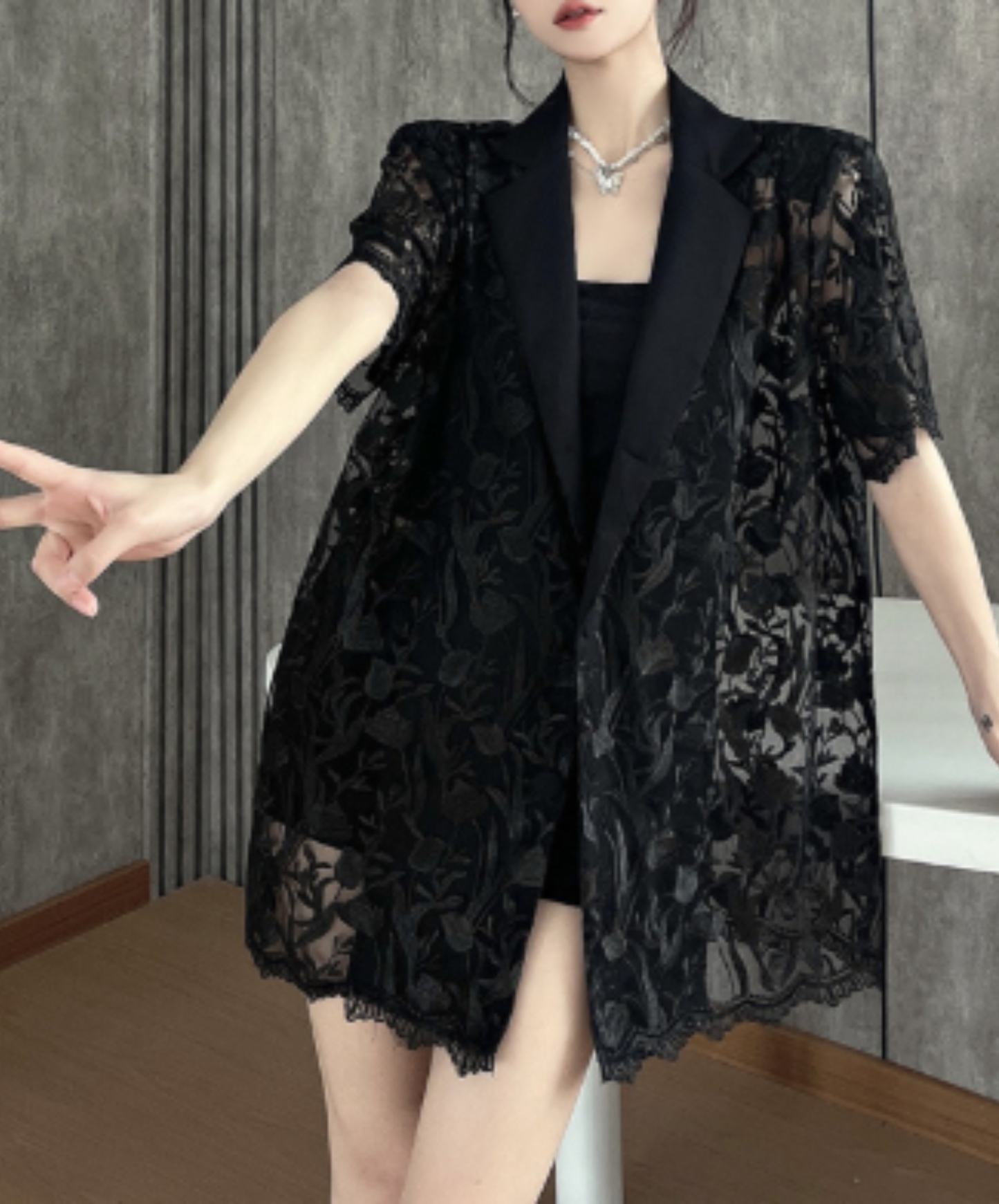 embroidered mesh patchwork jacket EN2966