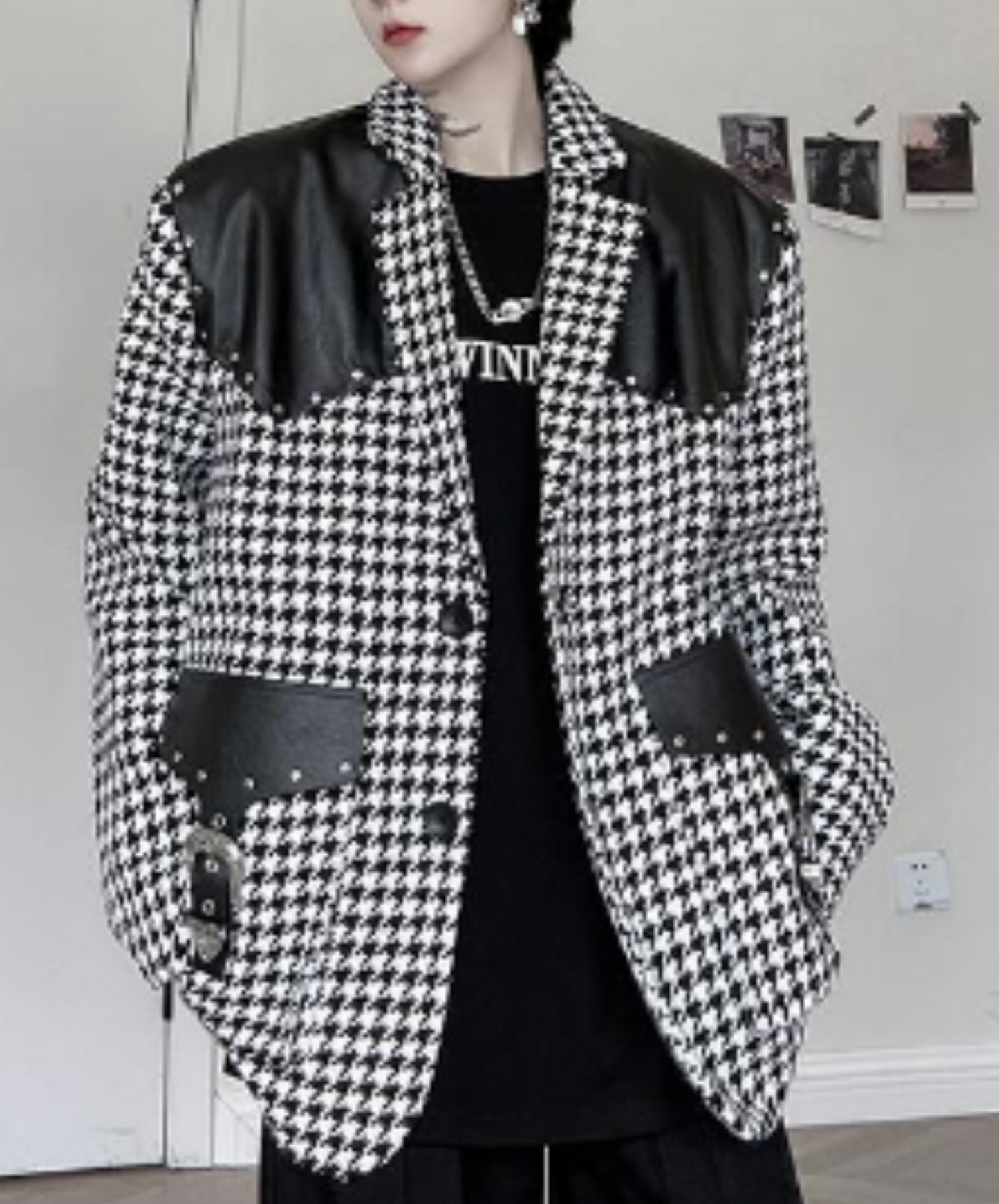 houndstooth stitch pu leather suit jacket EN1336
