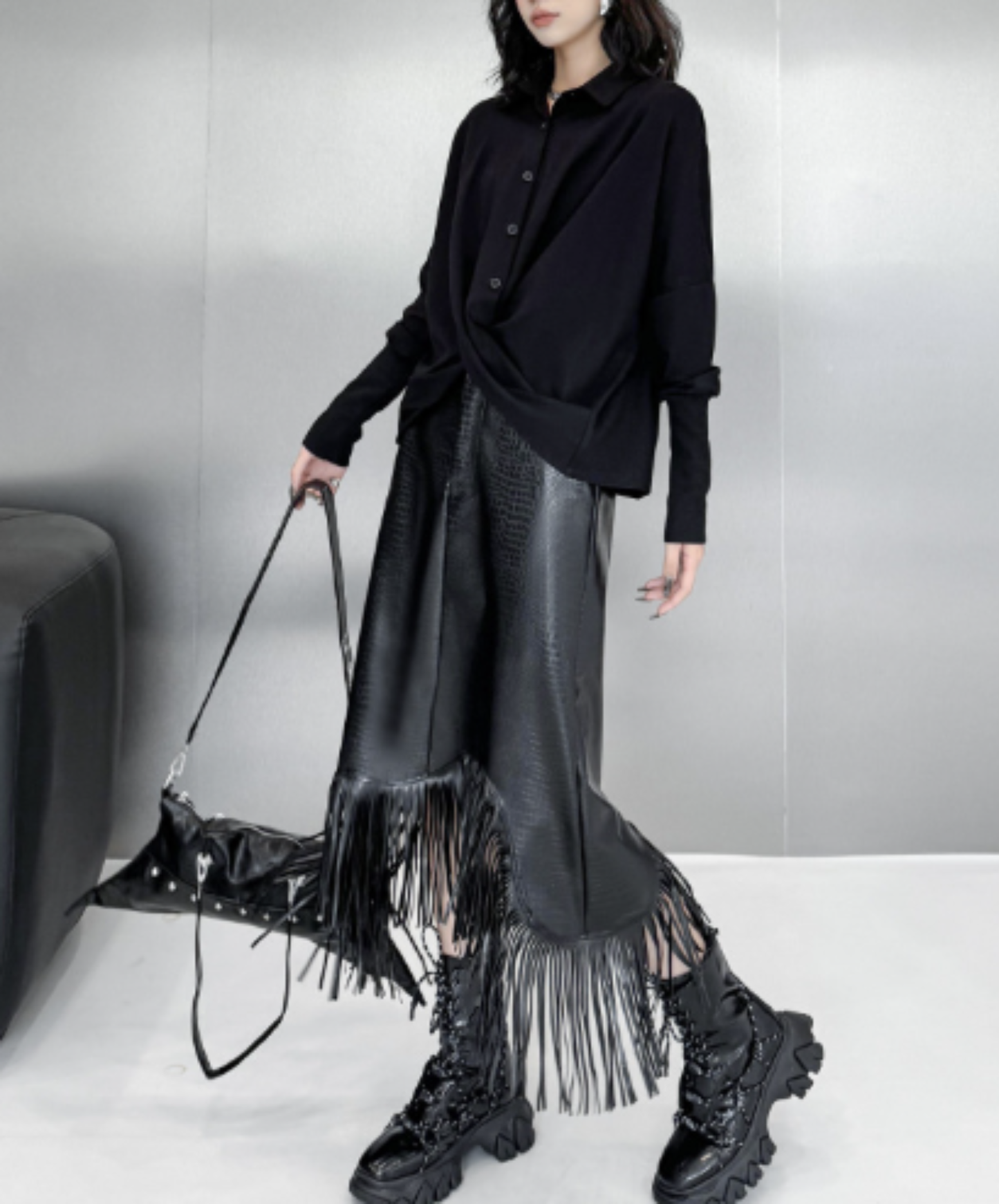 dark crossover-design dolman sleeves shirt EN3131