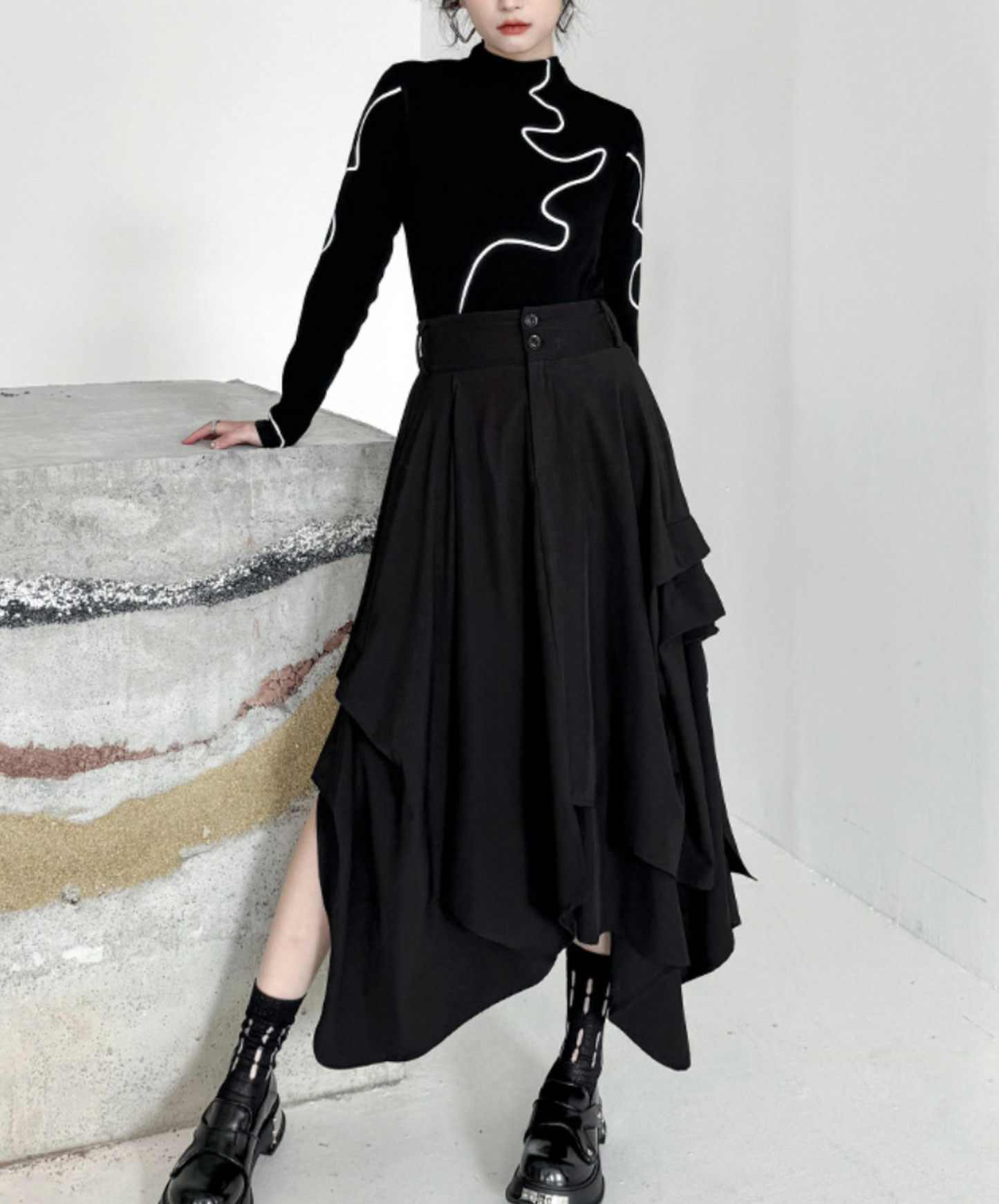 dark asymmetric drape buttons skirt EN2330