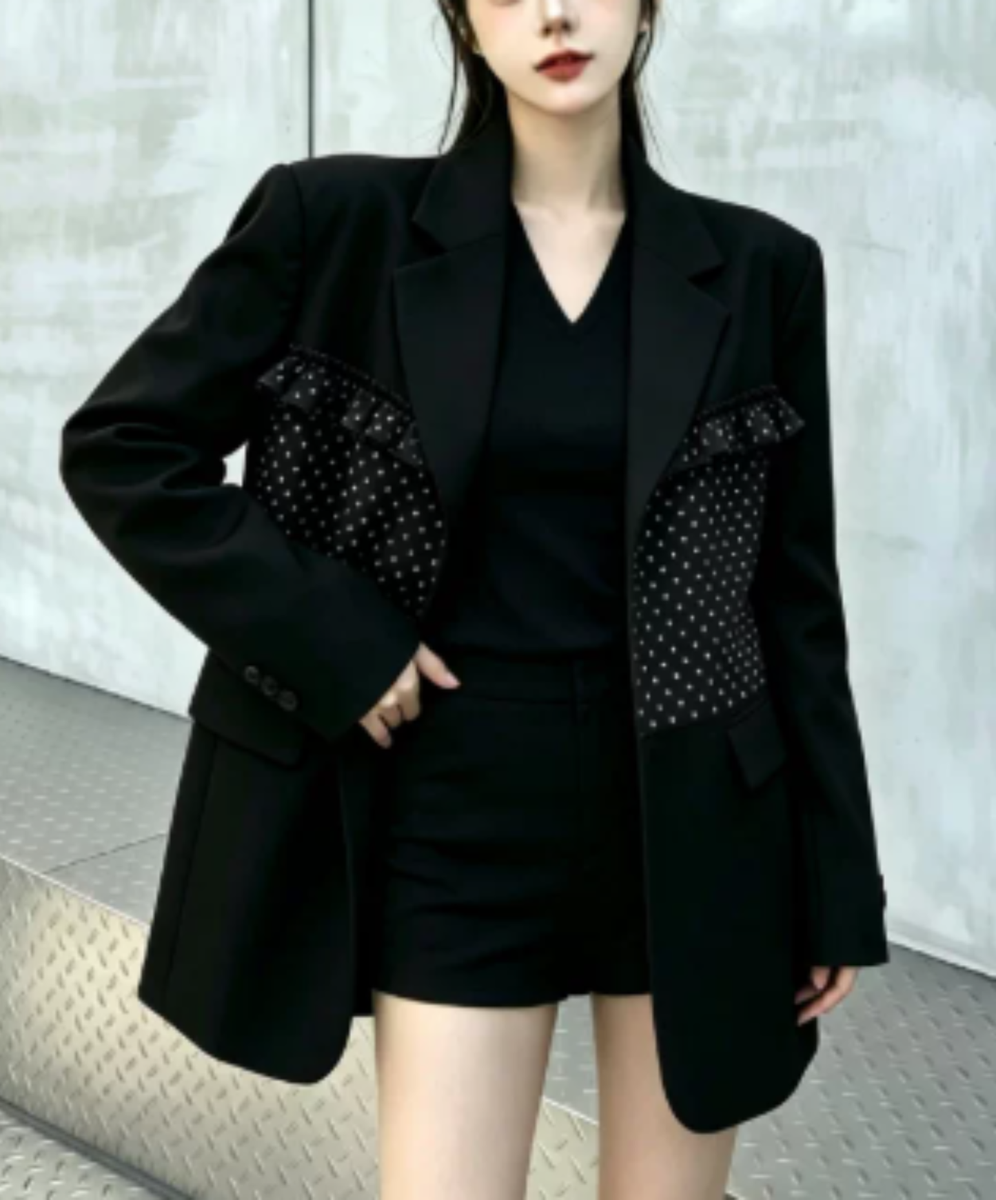 ruffle detail with a polka-dot bow tie jacket EN3167