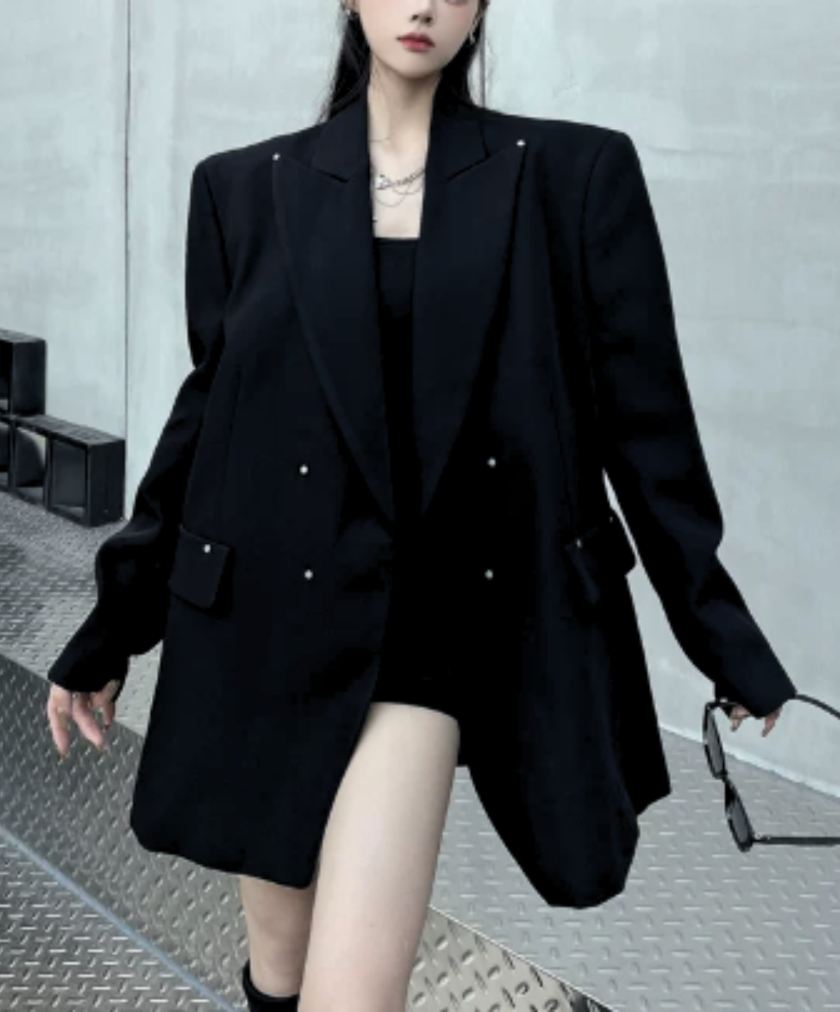 dark shaggy lapel mixed-material paneling jacket EN3190