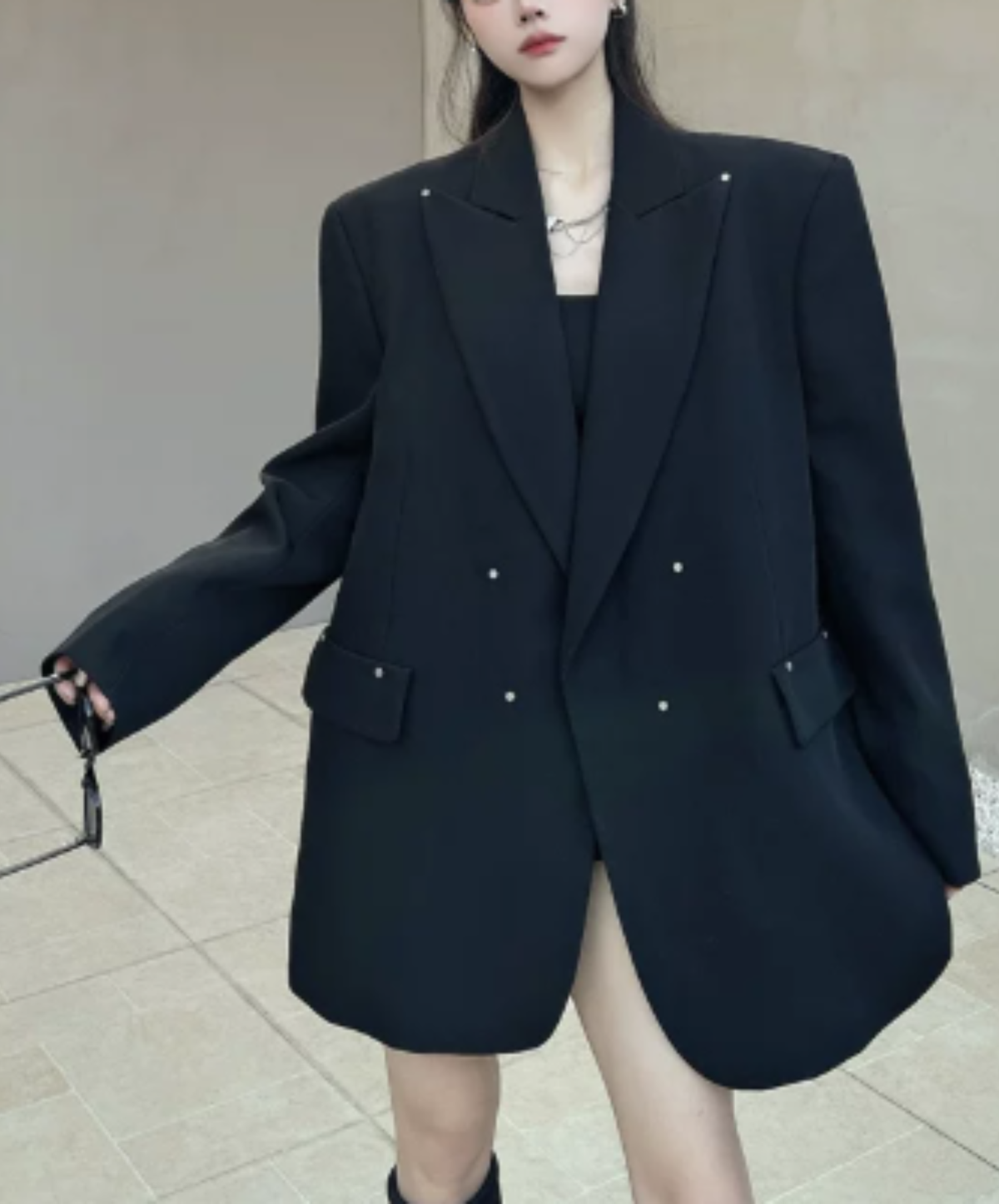 dark shaggy lapel mixed-material paneling jacket EN3190