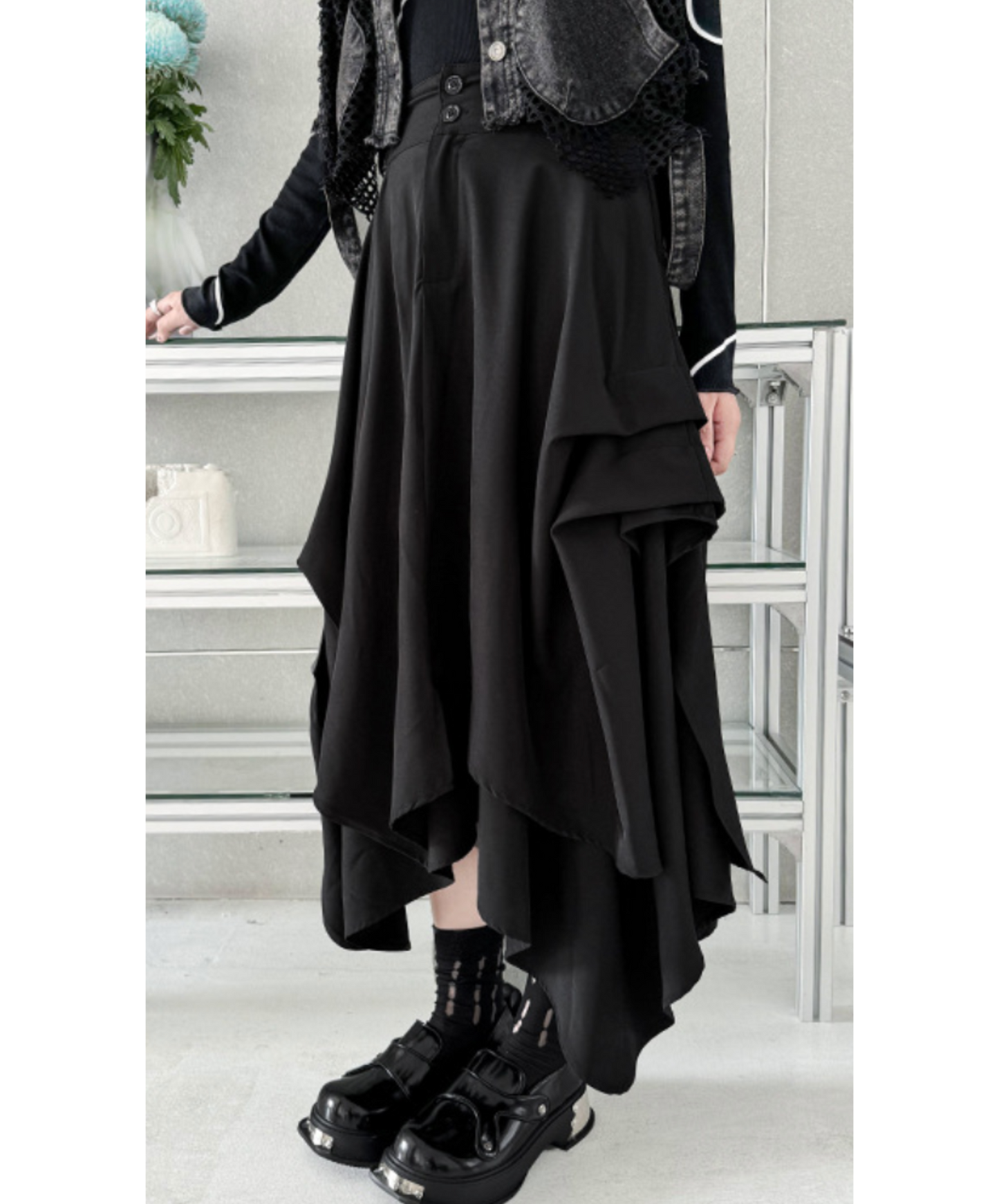 dark asymmetric drape buttons skirt EN2330
