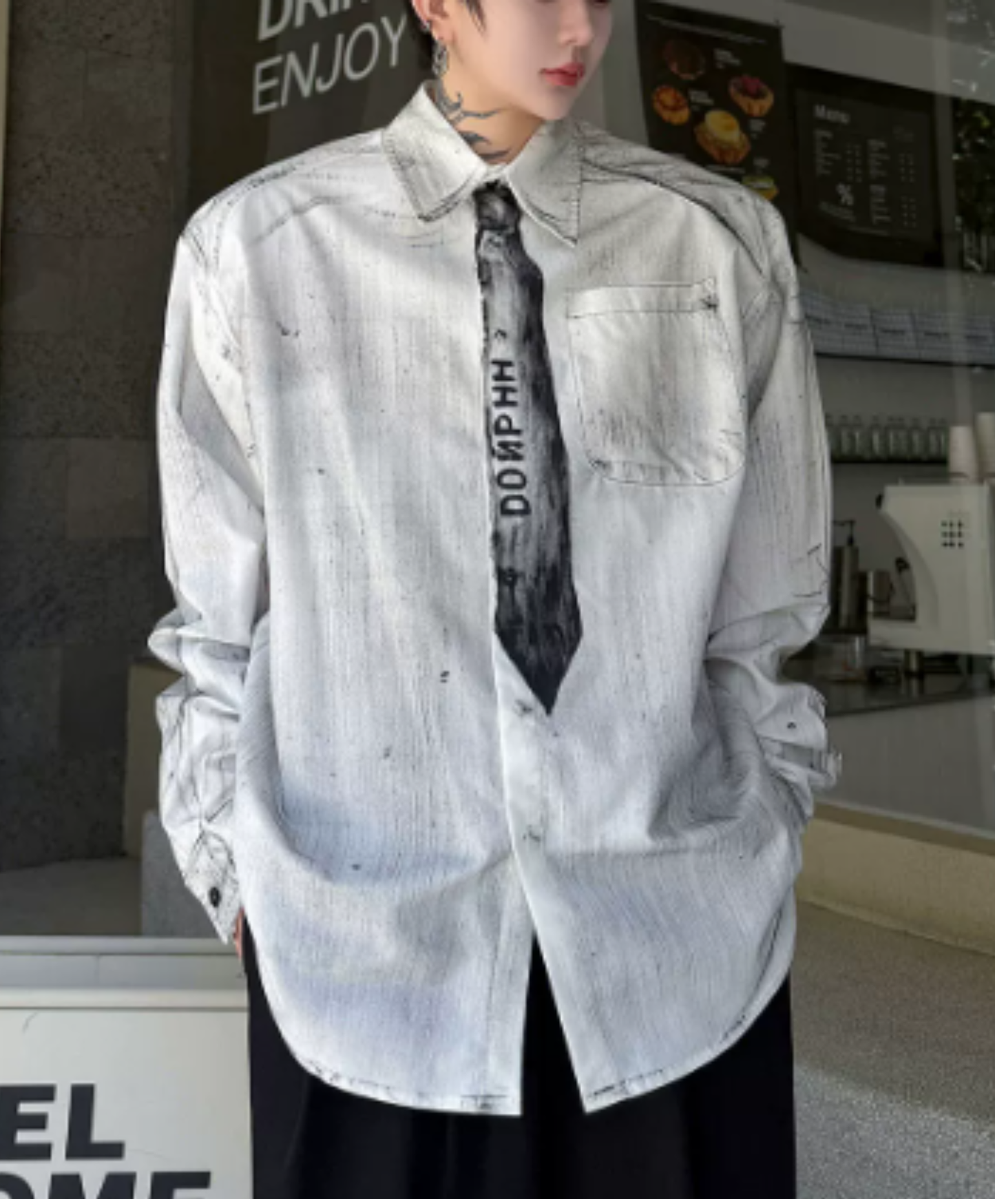 vintage-style tie motif design shirt EN3170