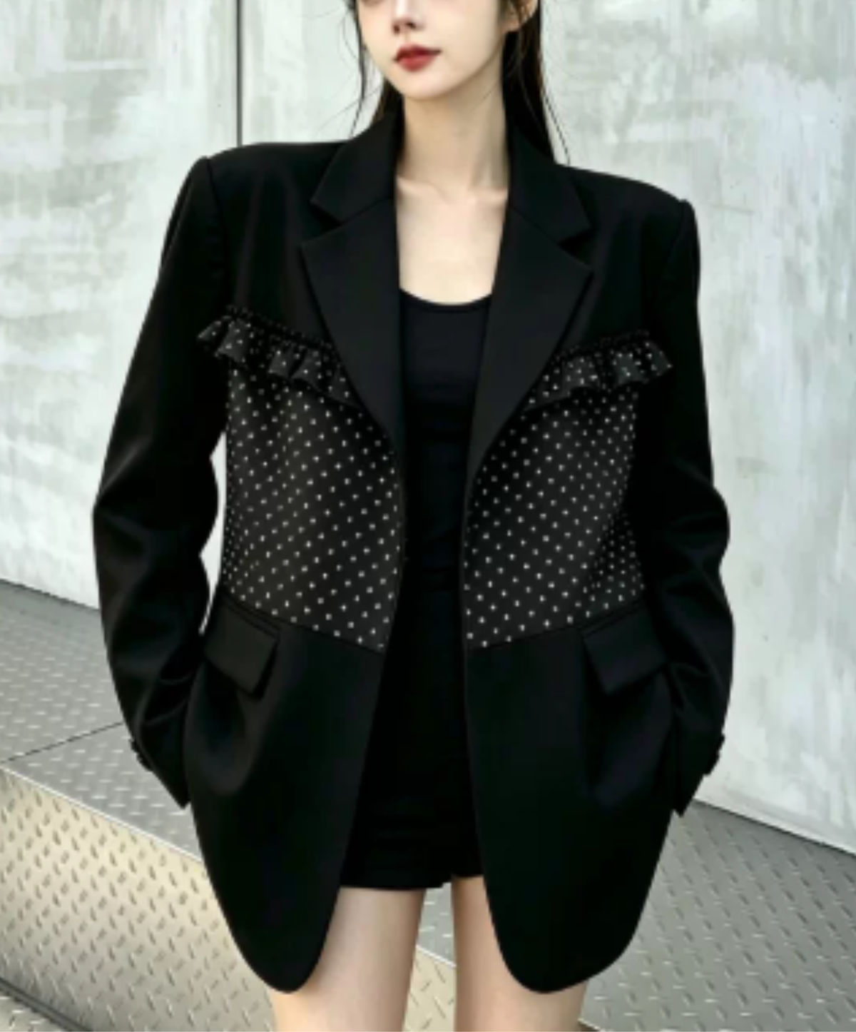 ruffle detail with a polka-dot bow tie jacket EN3167