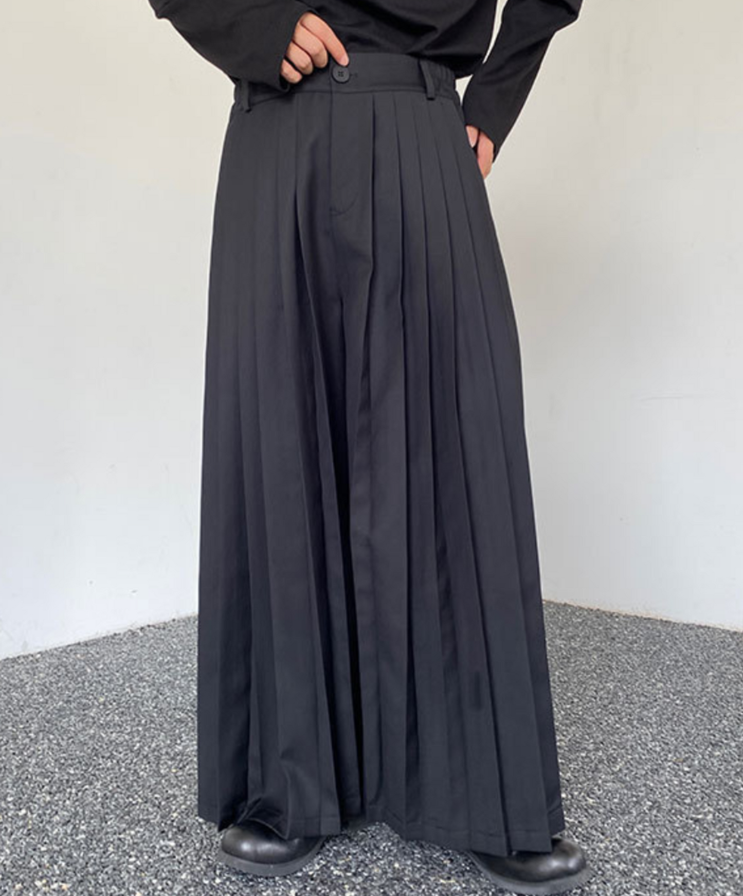 dark unisex layered pleats long pants EN1465