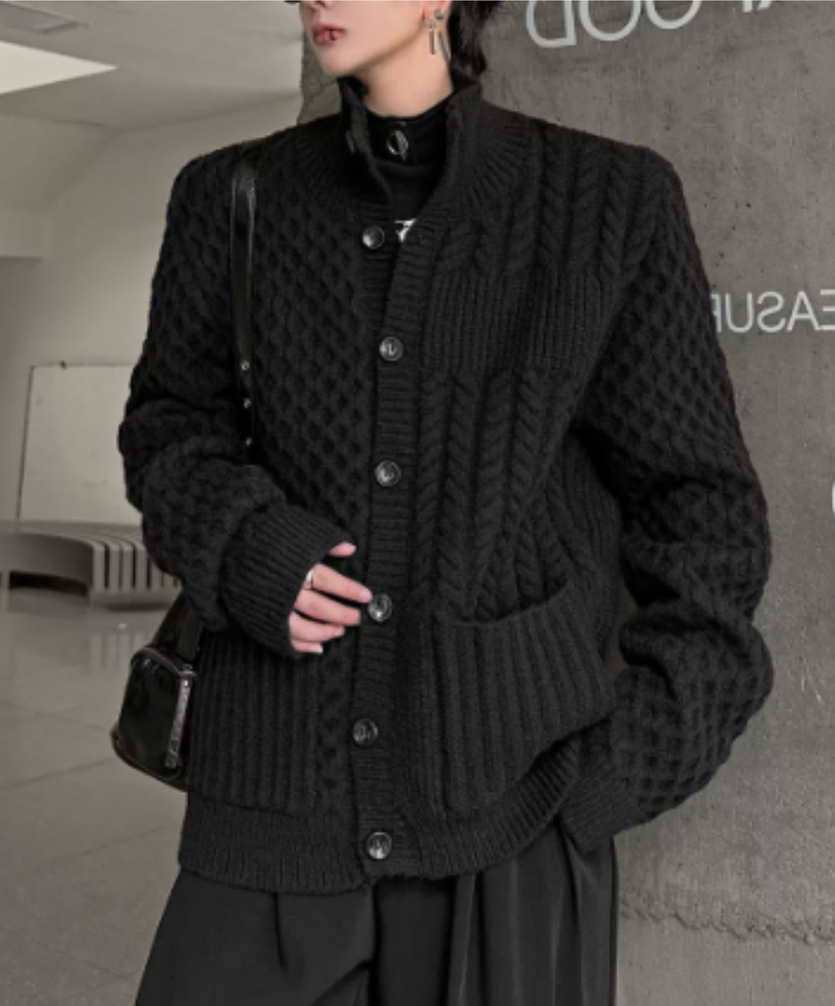 high-neck raised-relief knitting cardigan EN3256