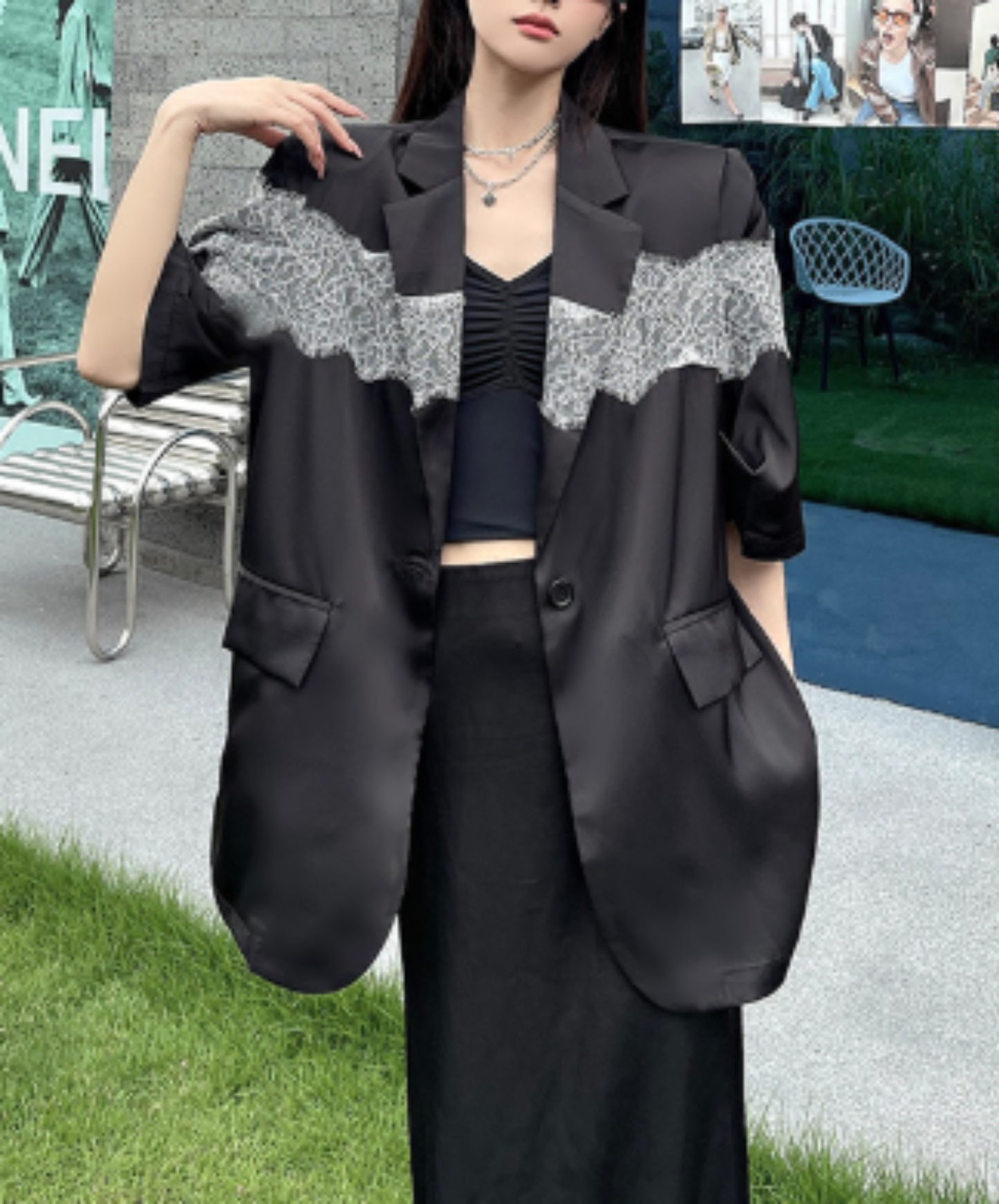 sheer with lace trim jacket EN3077