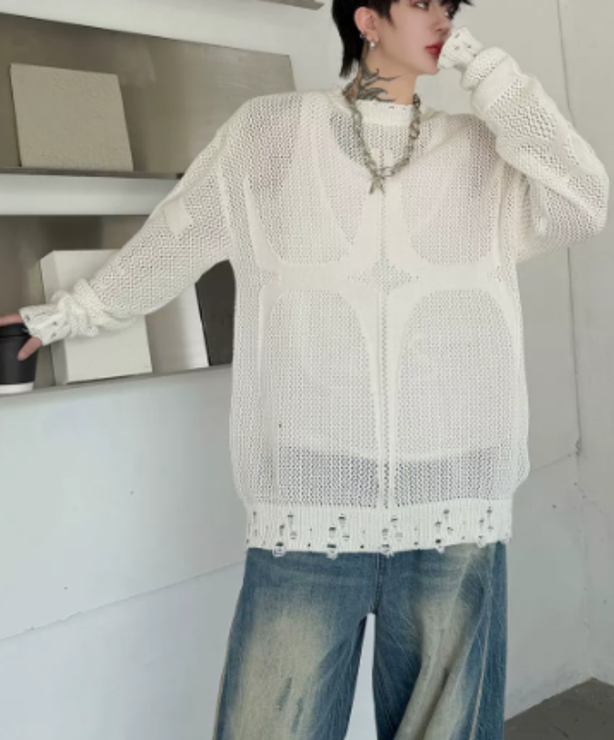 open-knit pattern with distressed finish sweater EN3206