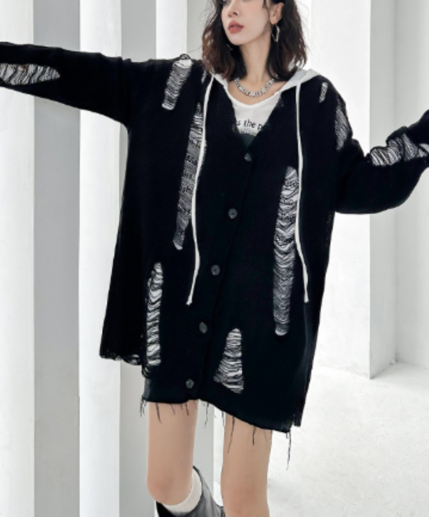 dolman-sleeve top with heavy distressing cardigan EN3123