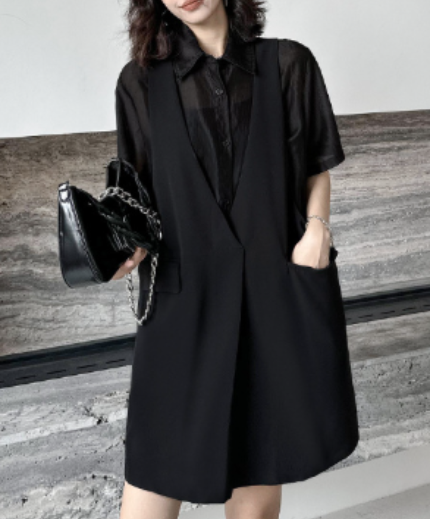 dark fake two-piece loose sheer shirt EN2977