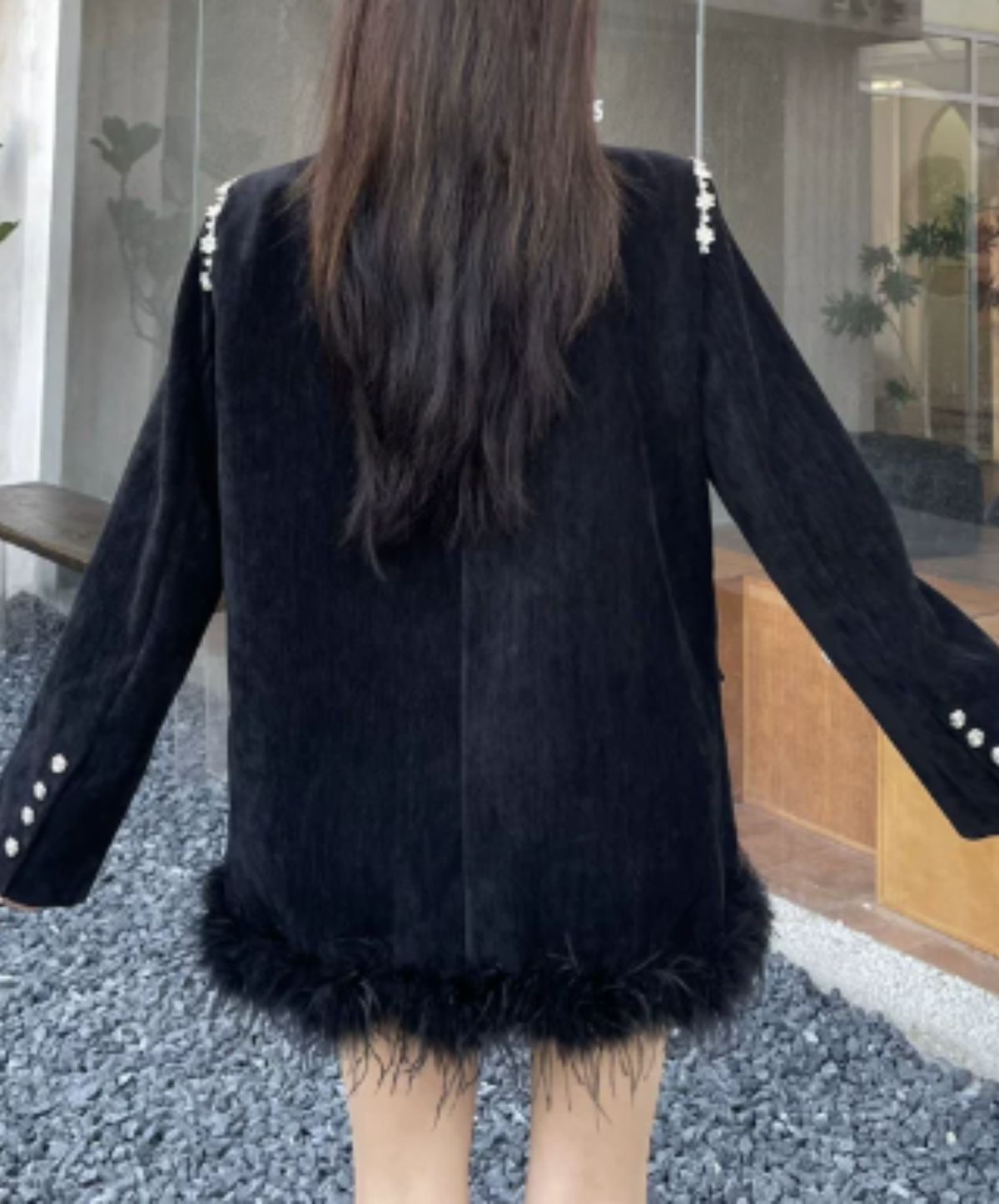 dark fur hem with floral lace embellishment jacket EN3191