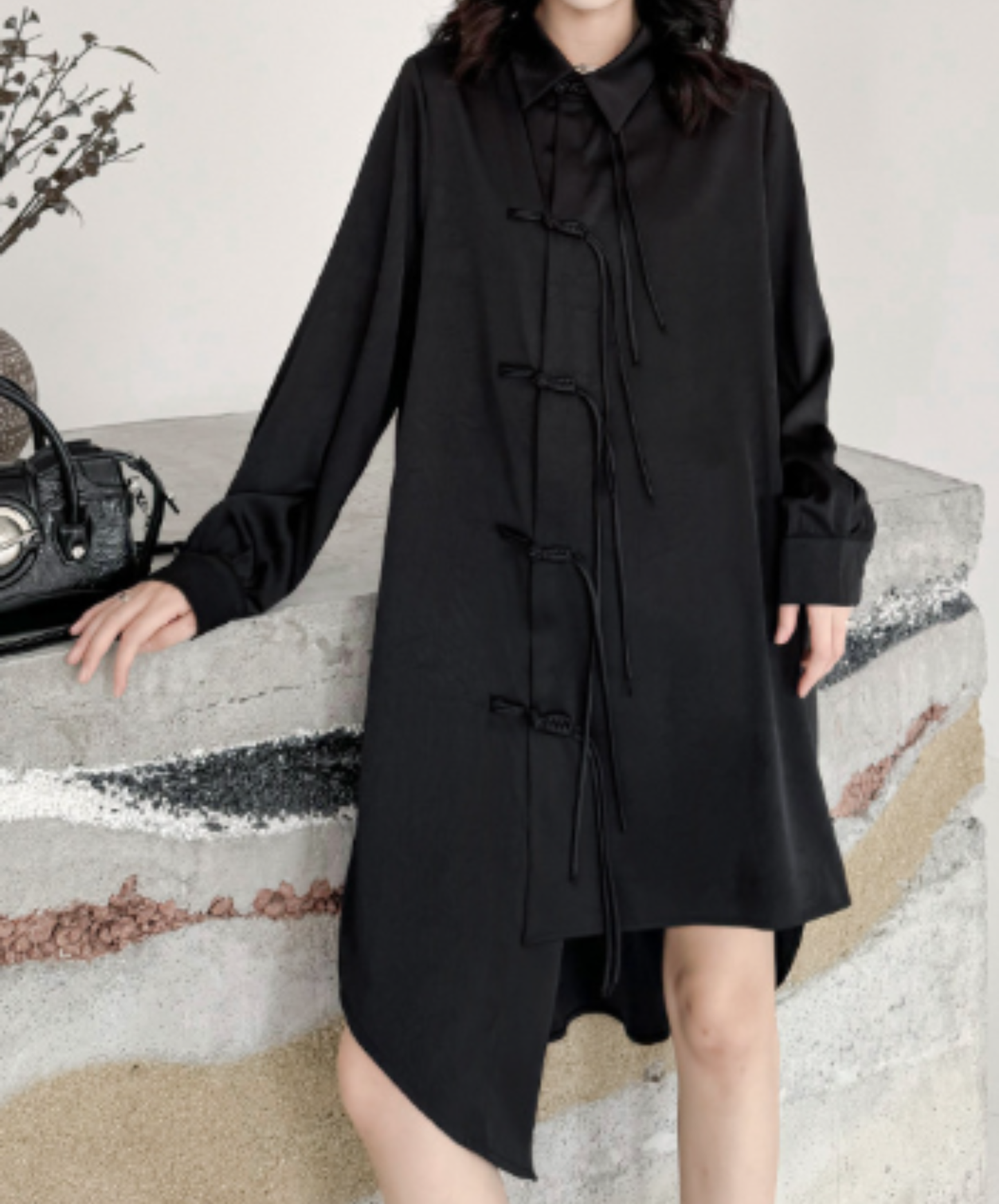 dark chinese-style irregular-cut button long shirt EN3109