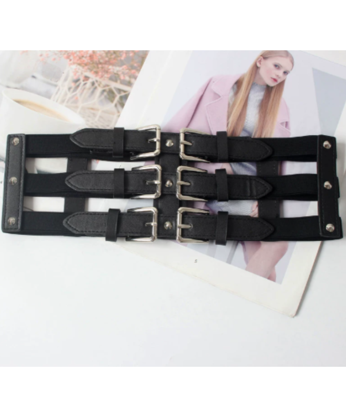 dark triple-buckle wide corset belt EN3216