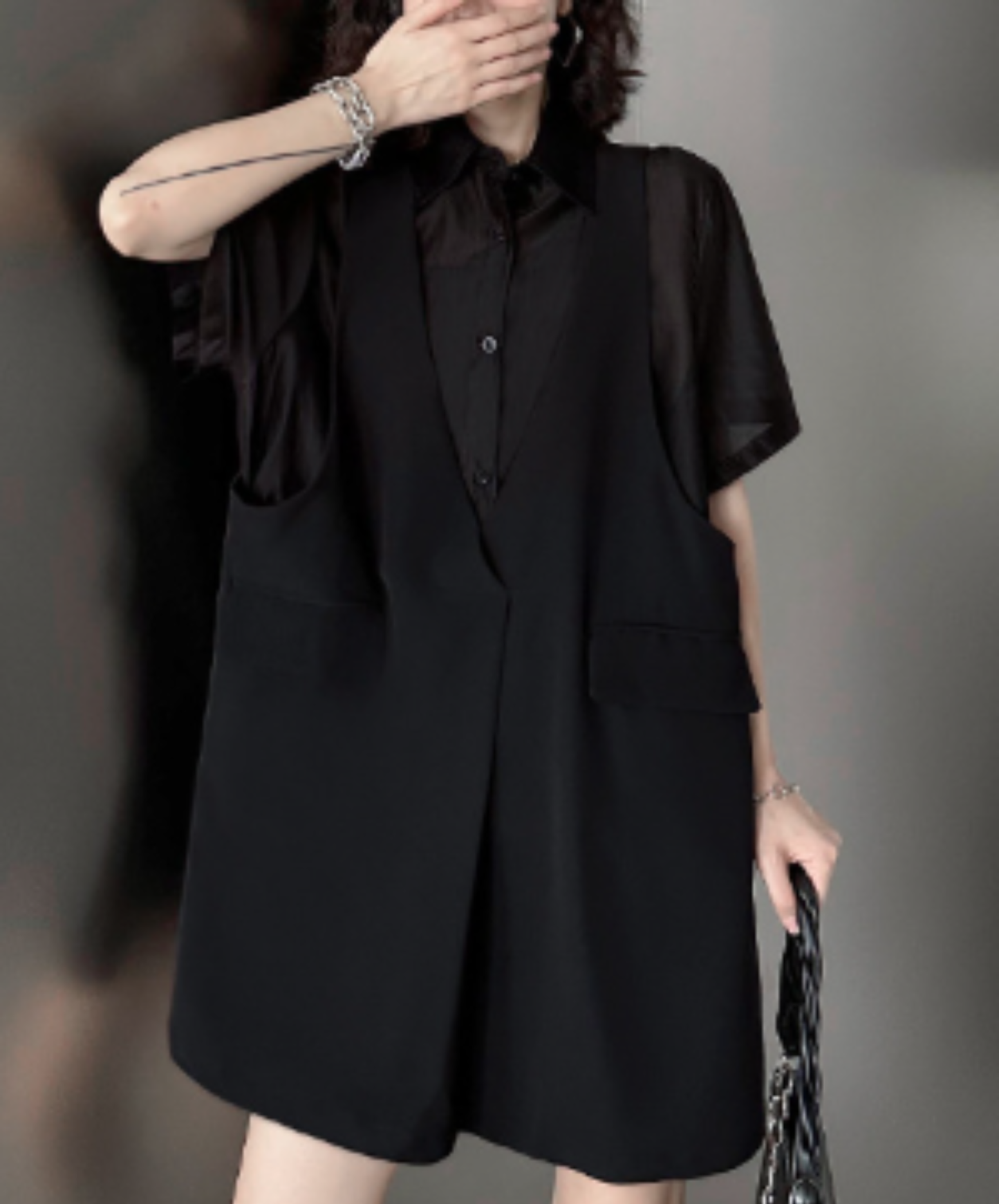 dark fake two-piece loose sheer shirt EN2977