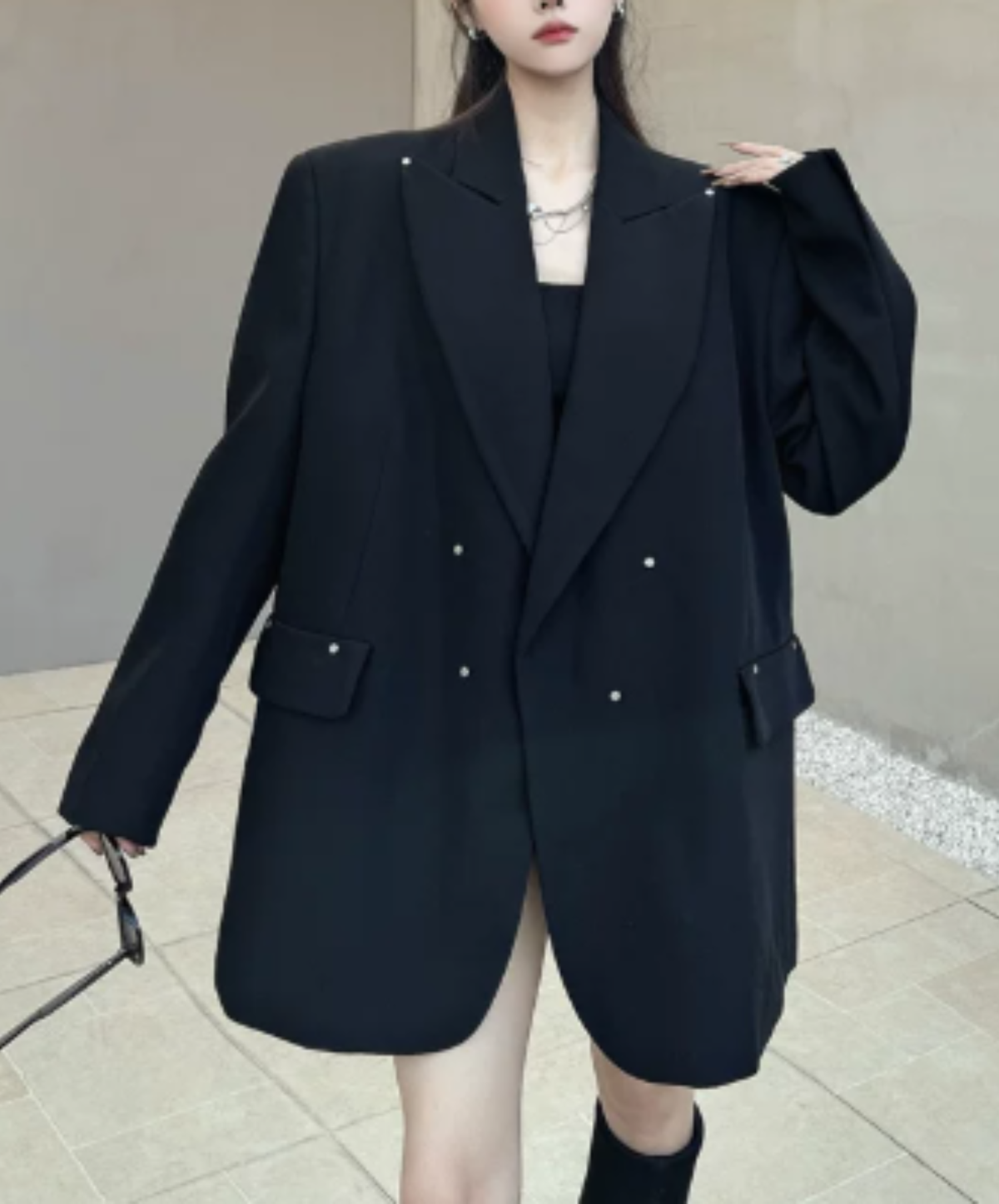 dark shaggy lapel mixed-material paneling jacket EN3190