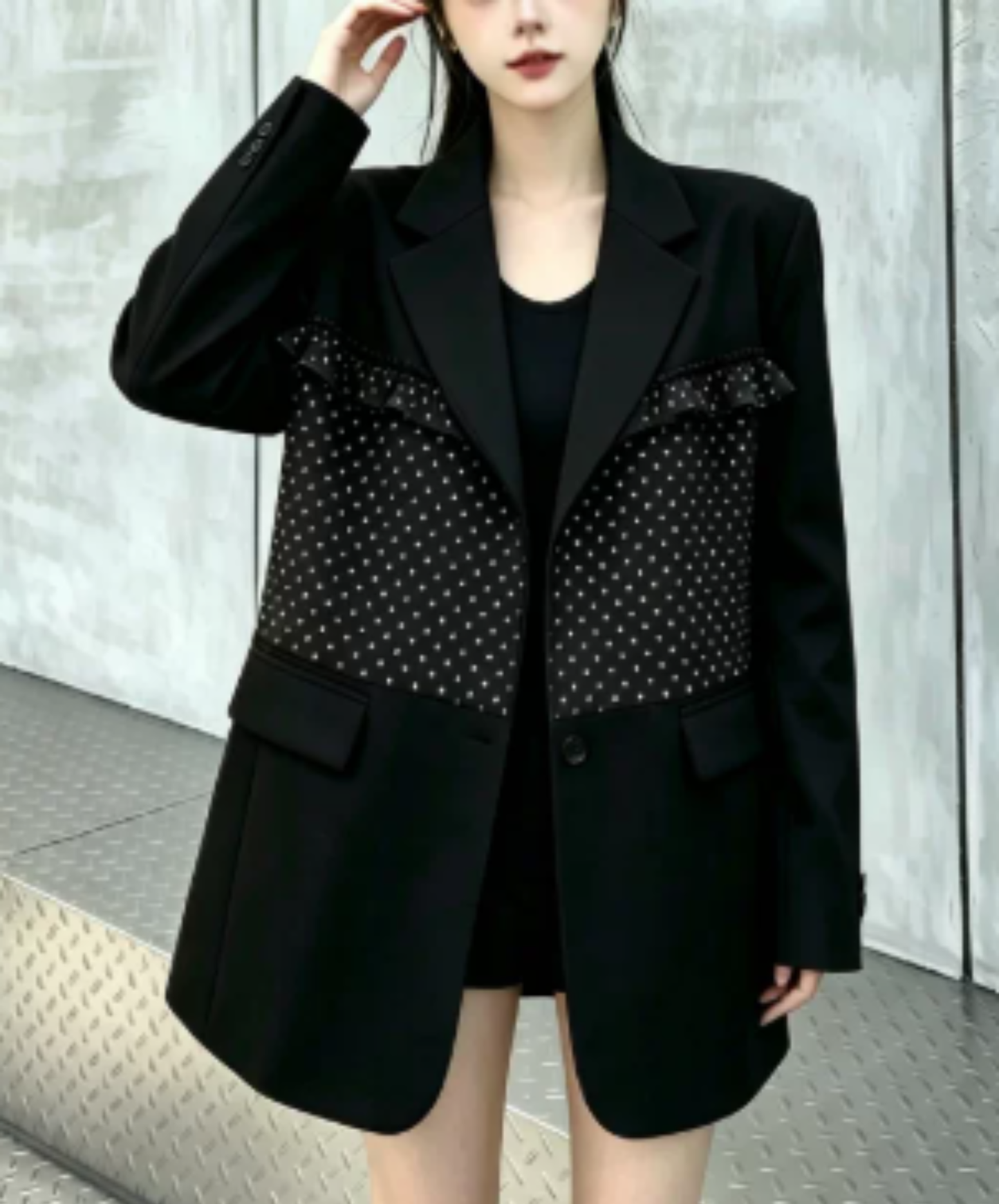 ruffle detail with a polka-dot bow tie jacket EN3167