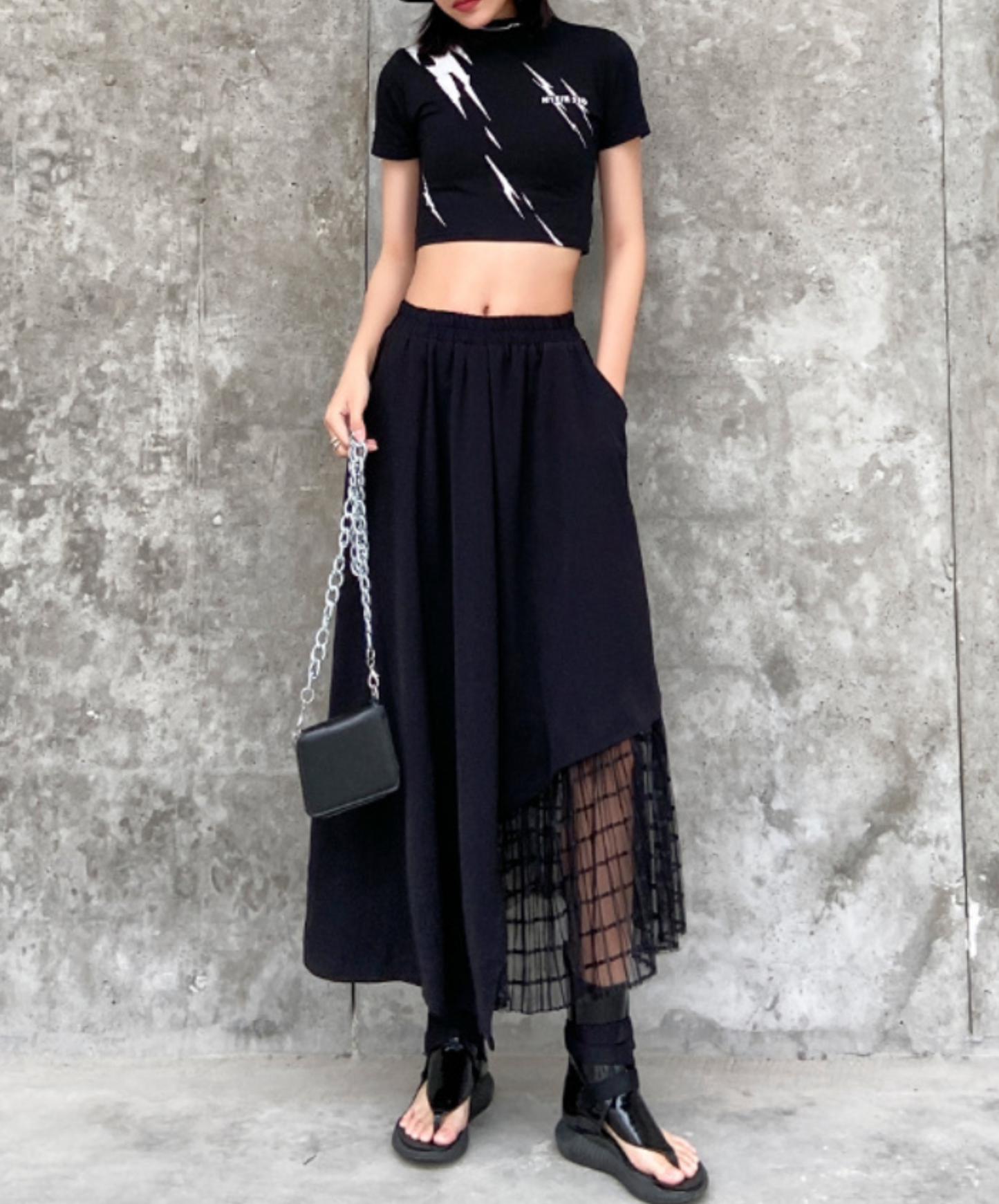 mixed material stitch mesh skirt EN2331