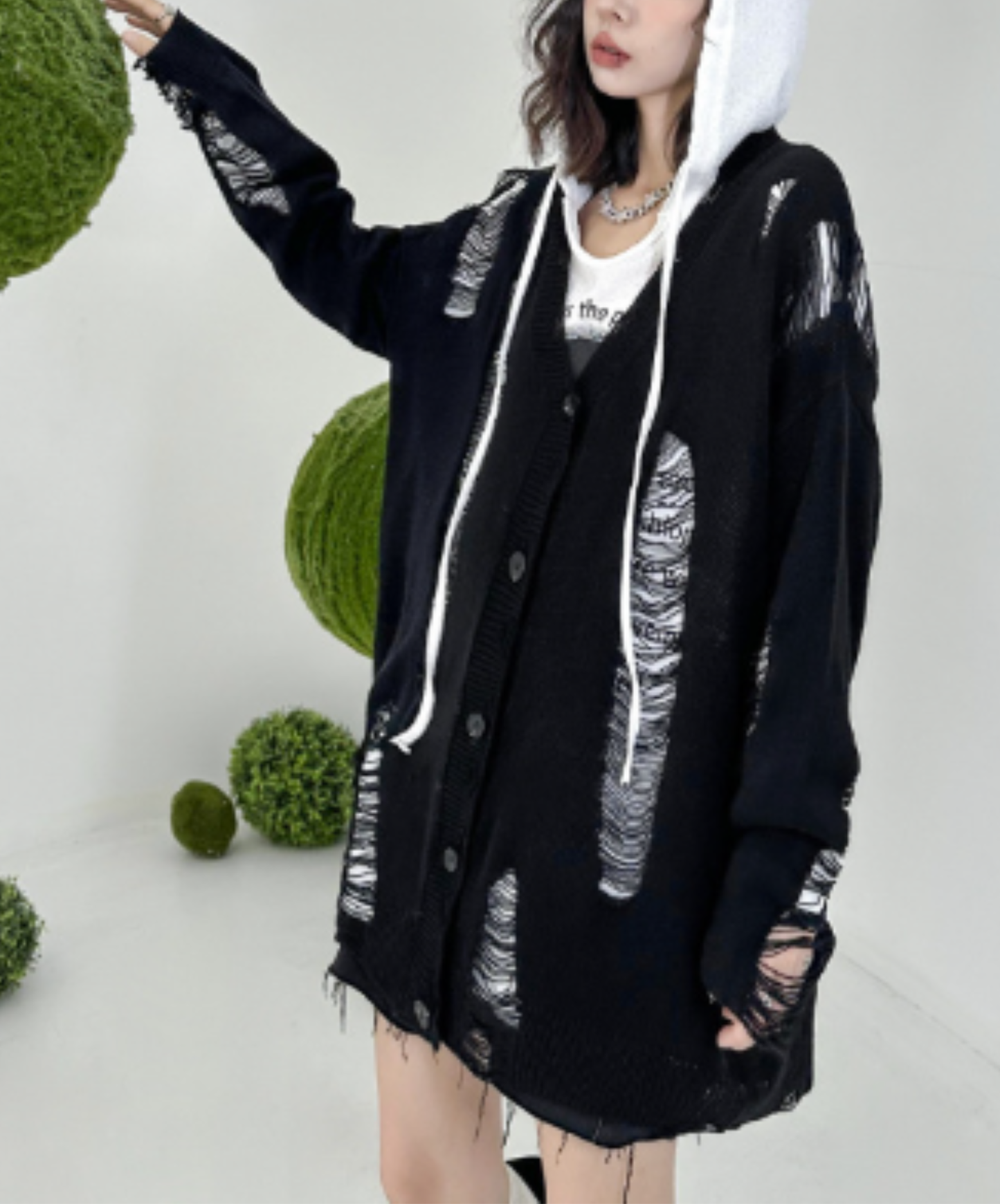 dolman-sleeve top with heavy distressing cardigan EN3123